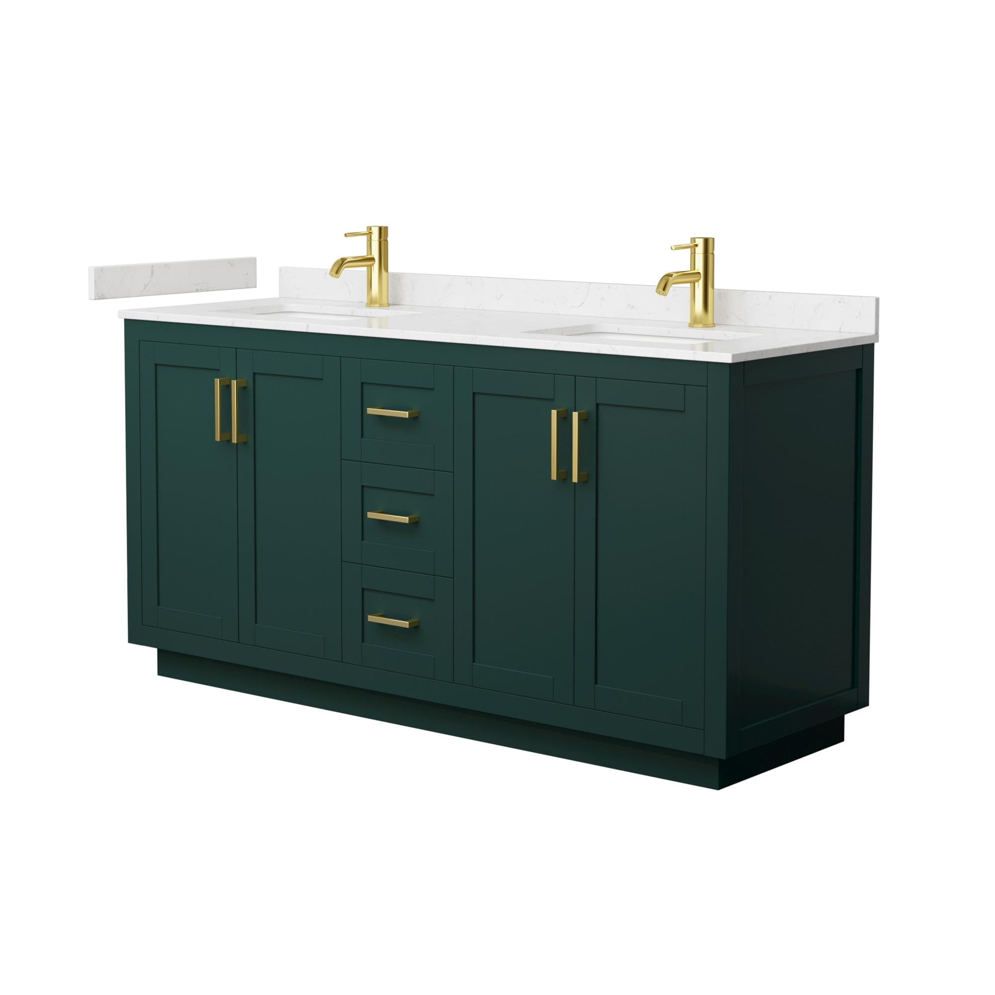 Wyndham Collection Miranda 66 Inch Double Bathroom Vanity in Green with Light-Vein Carrara Cultured Marble Countertop, Undermount Square Sinks & Brushed Gold Trim - Perfect for Modern Master Bathrooms & Guest Suites