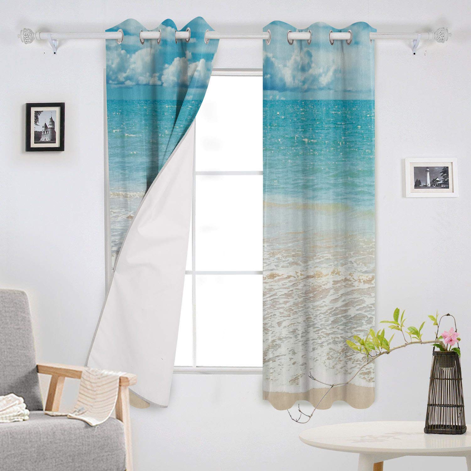 Tropical Beach Blackout Curtains - Thermal Insulated Room Darkening Window Drapes for Living Room & Bedroom (2 Panels, 40x63 Inches) - Coastal Blue Sky Ocean Scenery - Perfect for Vacation Homes, Beach Houses & Coastal Decor