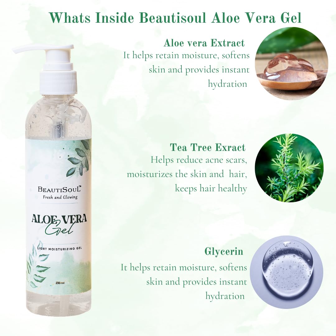 Beautisoul Pure Aloe Vera Gel with Tea Tree Oil for Face, Skin & Hair Care - 230ml | Hydrating Moisturizer for Sunburn Relief, Acne Treatment & Hair Growth | Perfect for Summer Skincare & Daily Beauty Routine