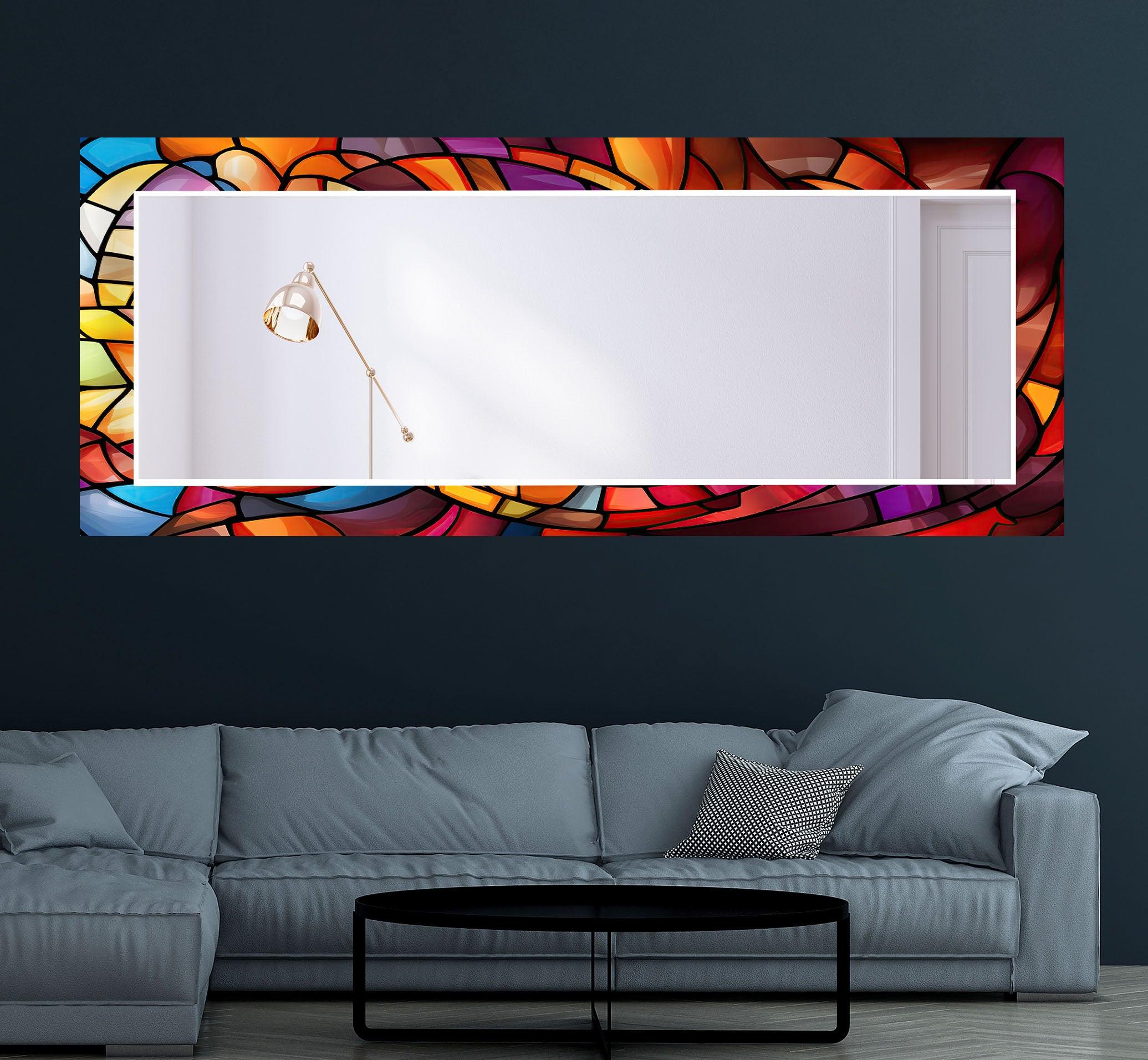 Blue & Orange Stained Wall Mirror - Handcrafted Decorative Mirror for Living Room, Bedroom, Entryway - Boho Chic Home Decor Accent Piece