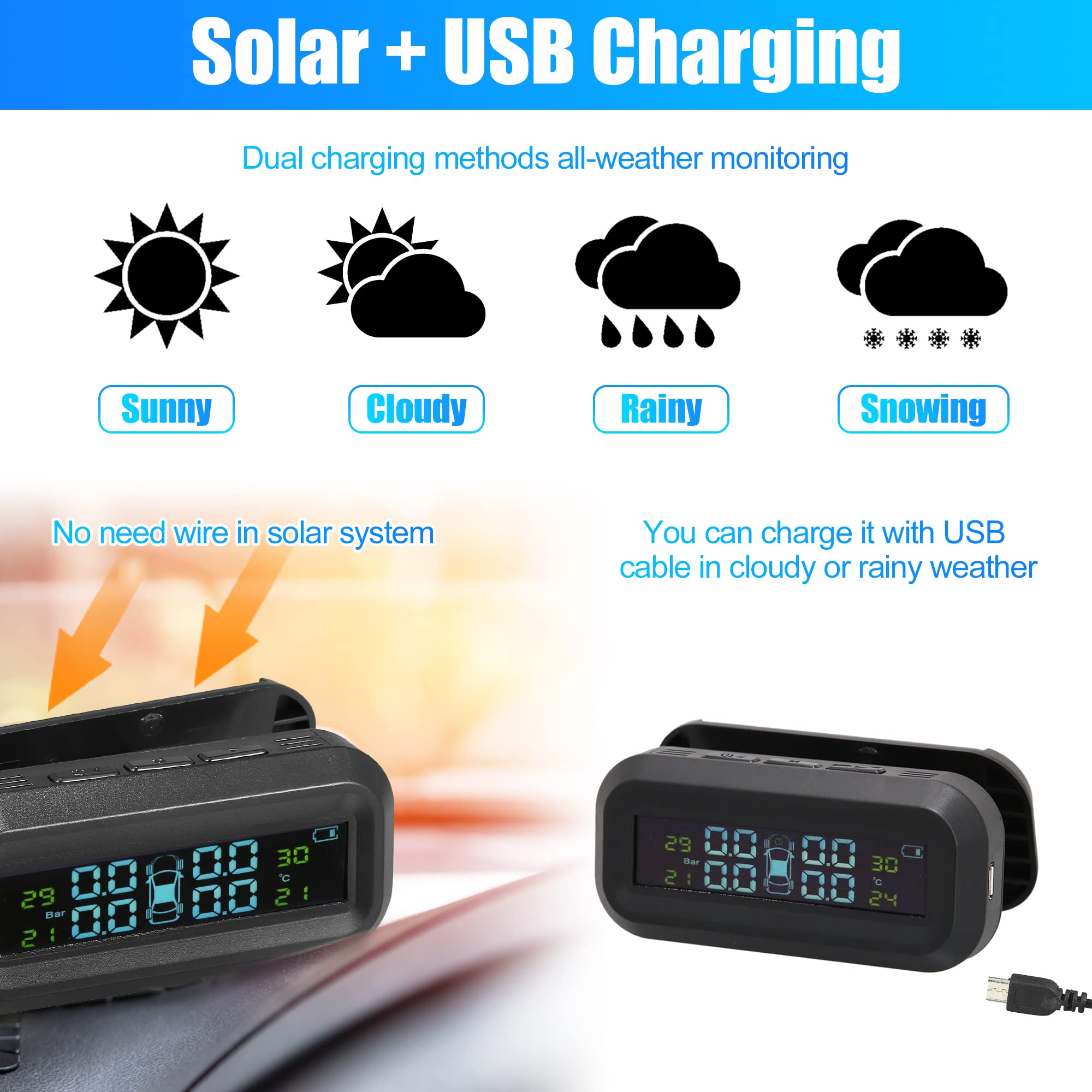 X AUTOHAUX Universal Wireless Solar TPMS - 4 External Sensors, 5 Alarm Modes, LCD Real-Time Display Tire Pressure Monitoring System for Car, RV, SUV, MPV | Smart Vehicle Safety for Long Trips & Off-Road Adventures