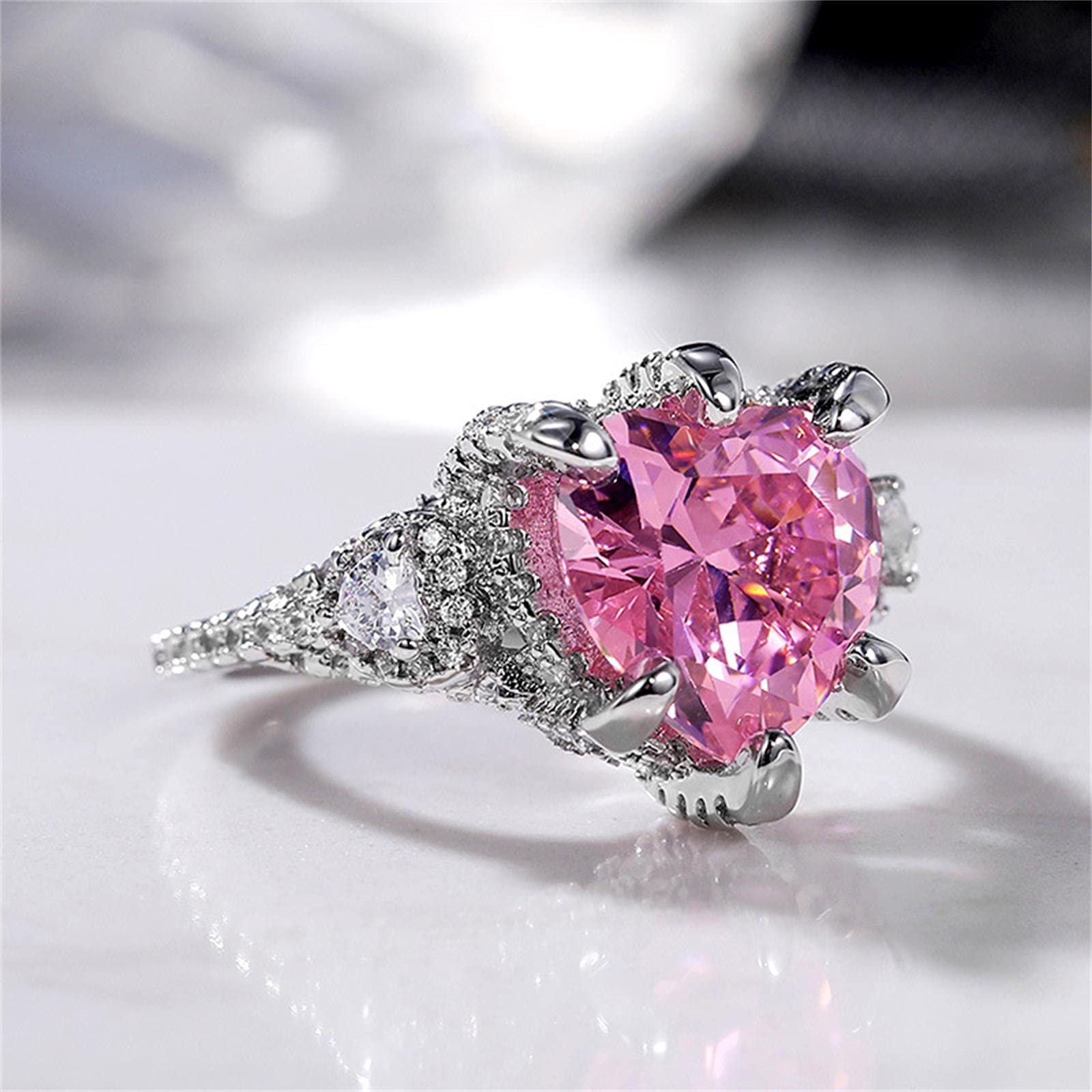 925 Sterling Silver Heart-Shaped Pink Cubic Zirconia Ring with Full Diamond Accents - Elegant CZ Diamond Wedding Band for Women (Size 8) | Perfect for Engagement, Anniversary & Valentine's Day Gifts