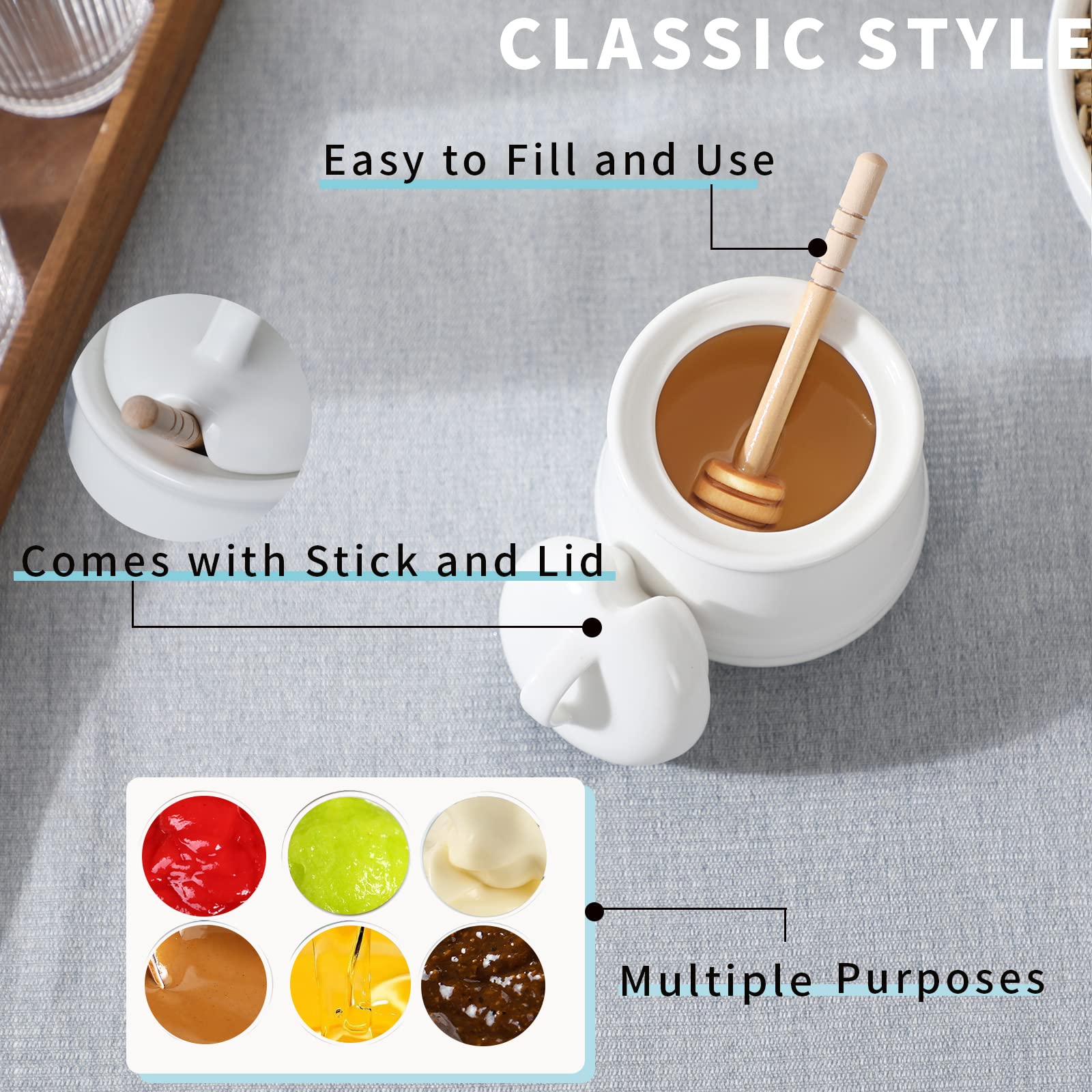 HAOTOP 12oz White Ceramic Honey Pot with Lid & Honey Dipper - Porcelain Honey Jar, Easy to Clean & Dishwasher Safe - Perfect for Tea, Breakfast, and Gift Giving