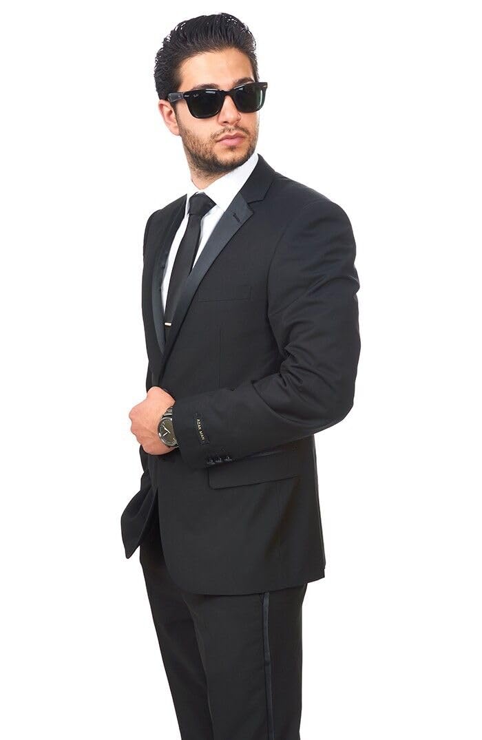 AZAR MAN Slim Fit Men's Suit Tuxedo - Black 2 Button Satin Lapel Formal Suit with Flat Front Pants | Perfect for Weddings, Prom, Business Meetings & Special Occasions