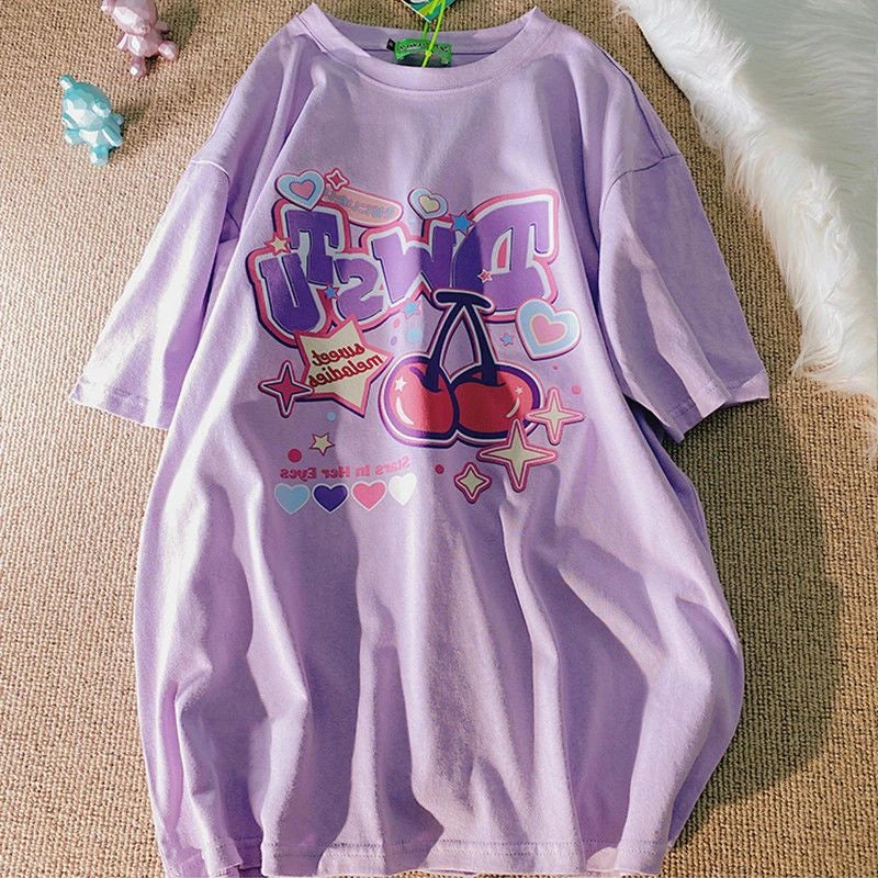 Cartoon Fruit Print Women's T-Shirt - Cute Oversized Y2K Harajuku Style Short Sleeve Tee for Women & Girls | Perfect for Casual Wear, Street Fashion & Retro Outfits