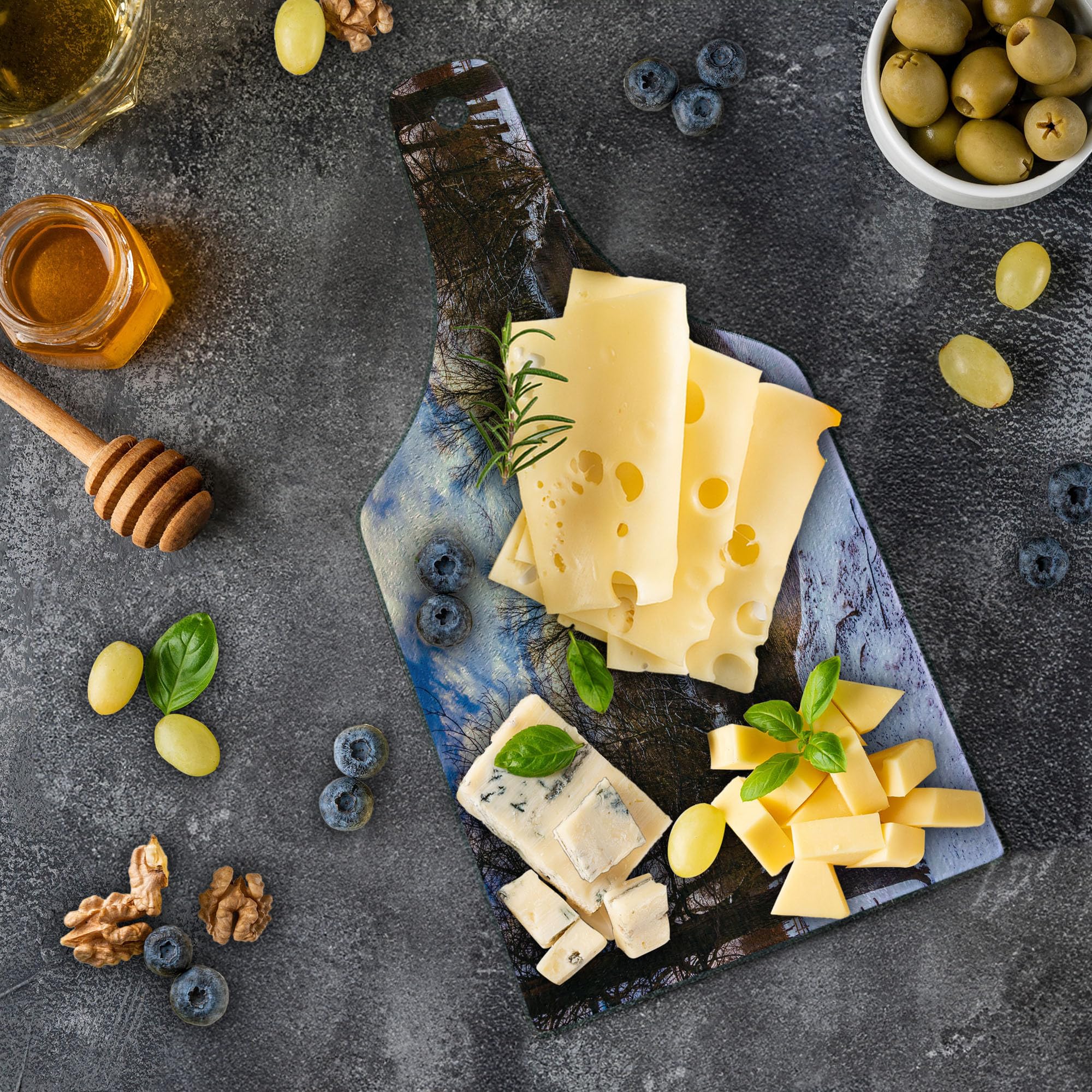 Ambesonne Heart-Shaped Tempered Glass Cutting Board - Winter Park Landscape with Snowy Trees, Lake & Sunset - Decorative Serving Board for Cheese, Charcuterie & Wine - Perfect for Holiday Entertaining & Kitchen Decor