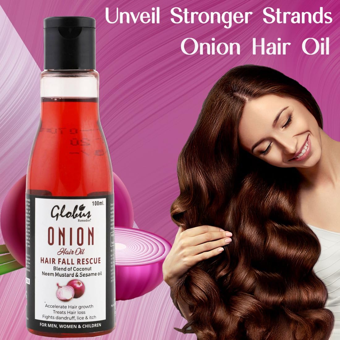 Globus Remedies Onion Hair Oil for Hair Growth & Fall Control - Anti Dandruff Treatment with Natural Shine & Strength Boost (100ml) - Perfect for Daily Hair Care & Scalp Nourishment