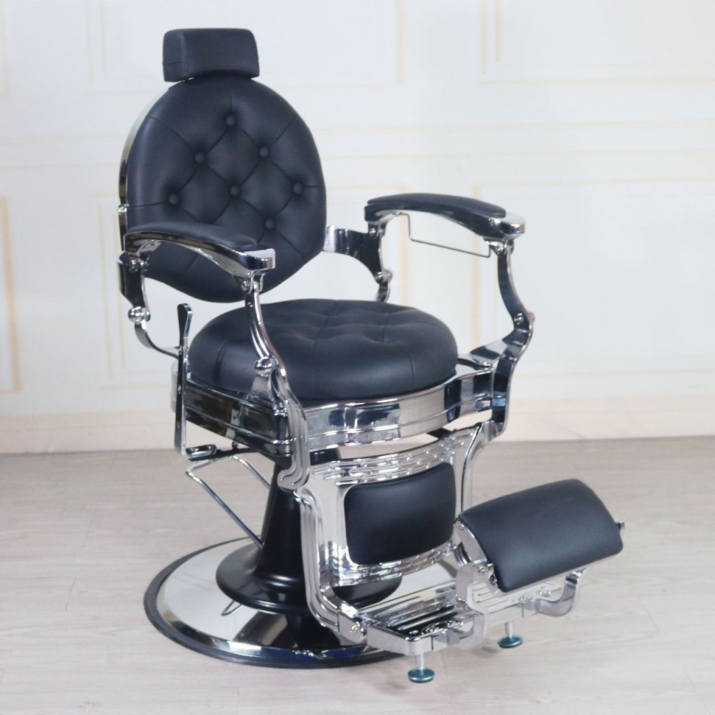 Vintage Barber Chair with Silver Metal Frame - Button Tufted Back & Seat for Classic Salon, Home Decor, or Photography Studio