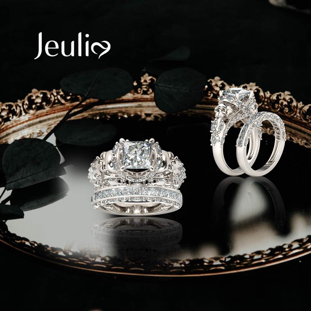 Jeulia Sterling Silver Skull Engagement Ring Set with Princess Cut Cubic Zirconia - Wedding, Anniversary, Promise Rings for Women - Perfect for Gothic Bridal, Alternative Style & Unique Proposals