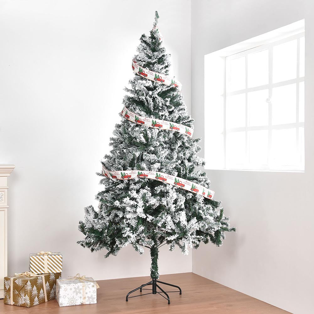 7.5ft Pre-Lit Frosted Christmas Tree with Decorative Ribbon & Metal Stand - Perfect for Home, Office, and Holiday Decorations