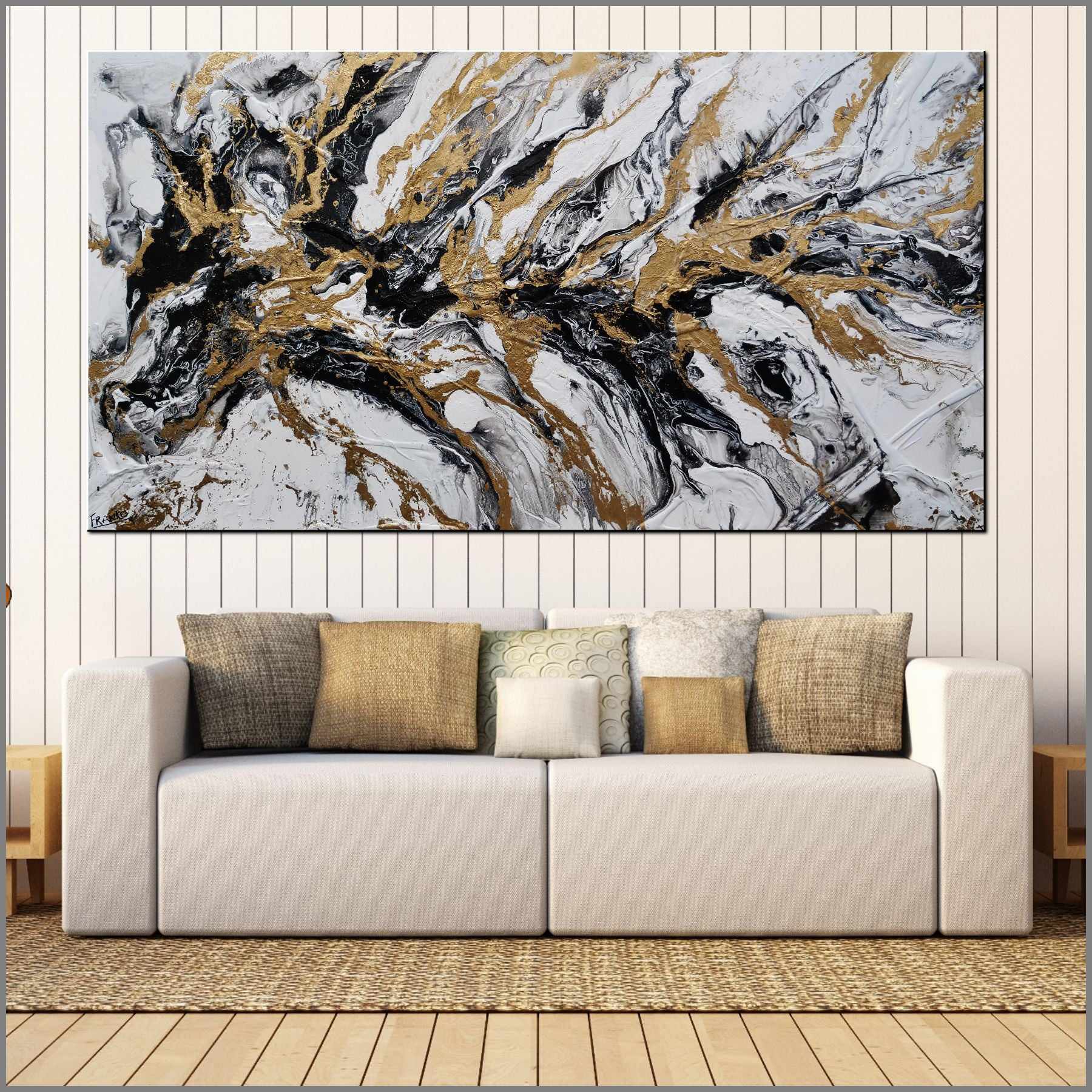 Glitz 190cm x 100cm White Black Gold Textured Abstract Canvas Wall Art - Modern Home Decor for Living Room, Bedroom & Office