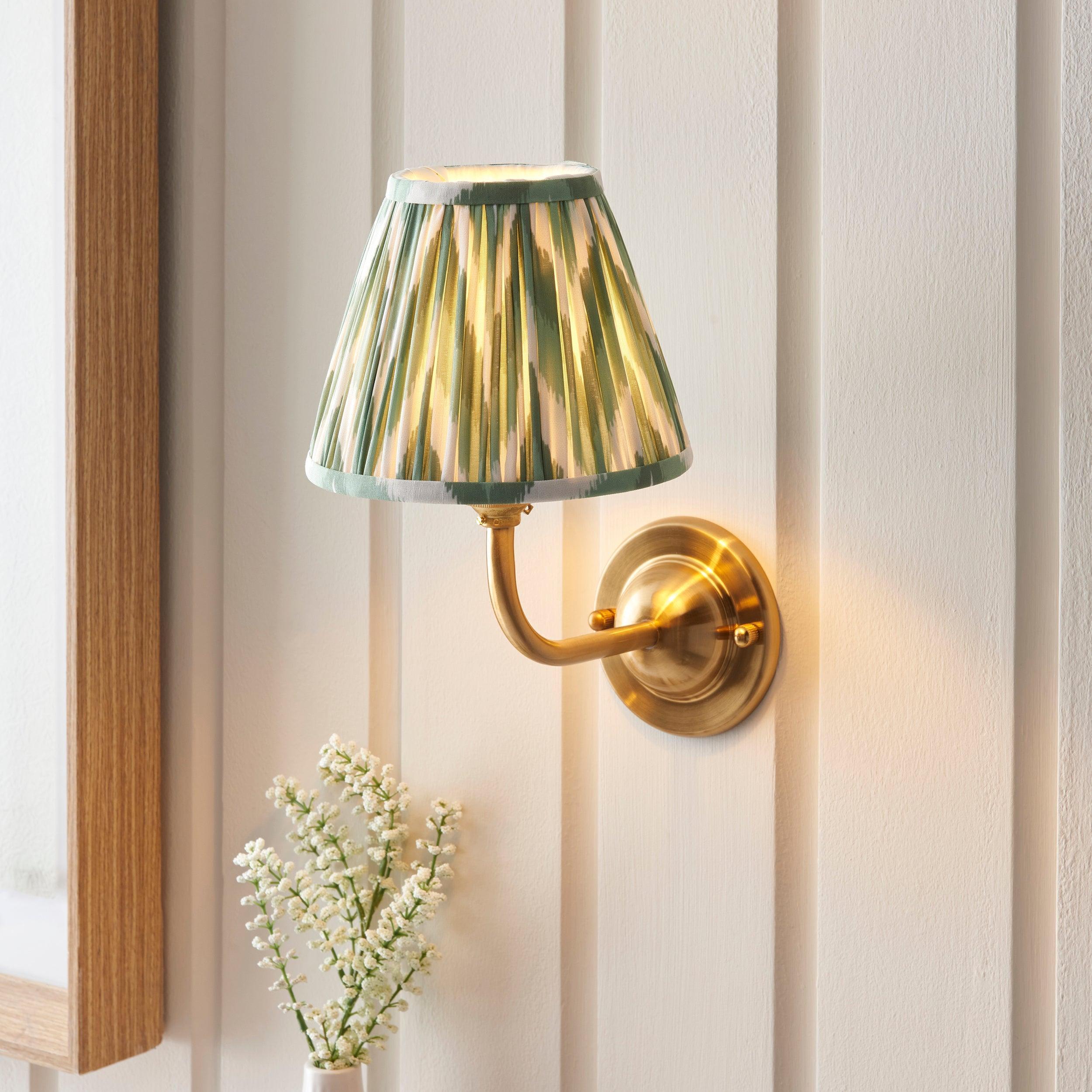 Vintage Dome Arc Brass Wall Light with 16cm Zigzag Cotswold Green Shade - Perfect for Bedroom, Living Room & Hallway Lighting