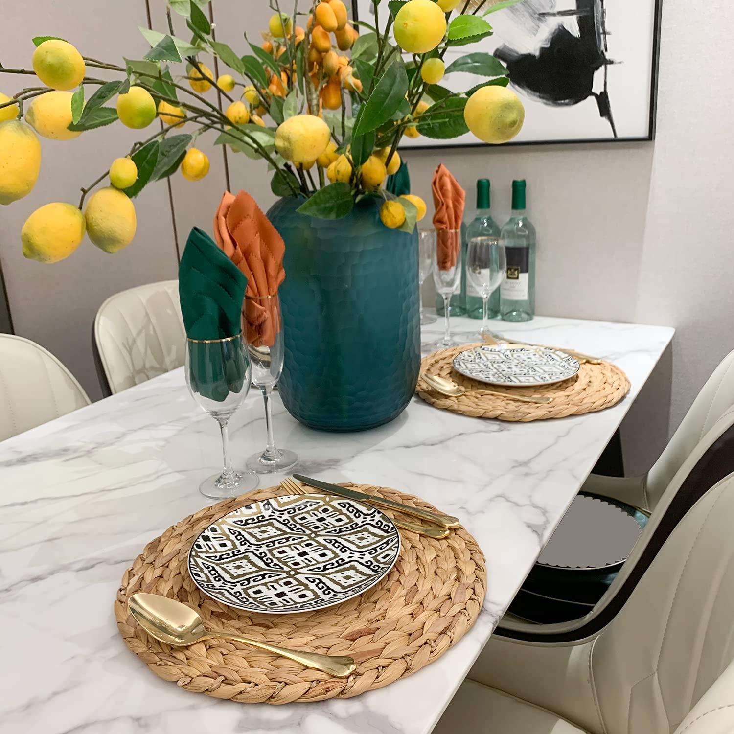Handmade Natural Wicker Round Placemats - Large Braided Water Hyacinth Straw Dining Table Mats - Heat Resistant & Durable Woven Placemats for Everyday Meals, Dinner Parties, and Outdoor Entertaining