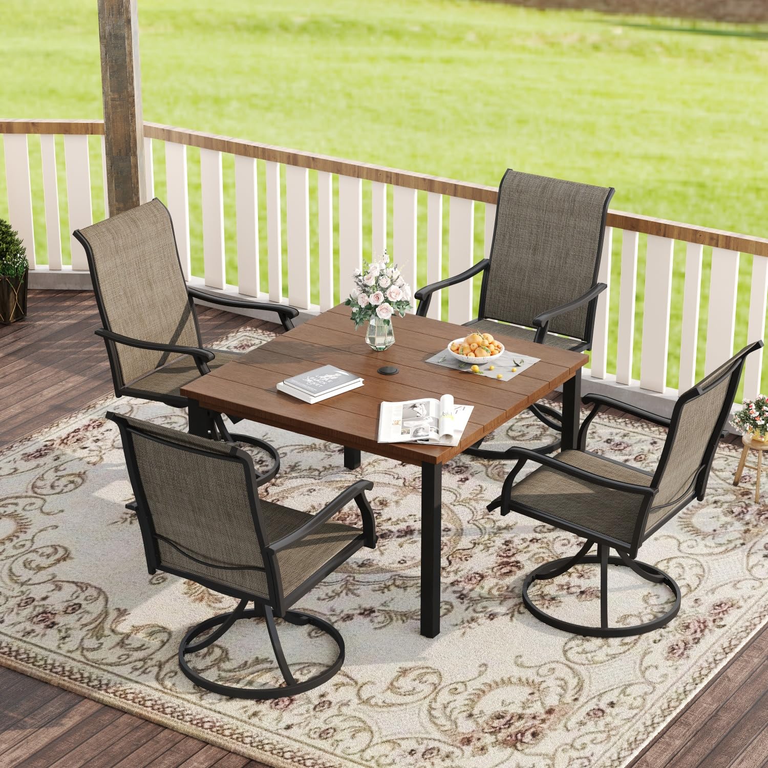 VICLLAX 40.2 Inch Square Outdoor Dining Table for 4 People - All-Weather Metal Patio Table with Umbrella Hole - Walnut Wood-Like Tabletop - Perfect for Garden, Lawn, Backyard, and Poolside Dining