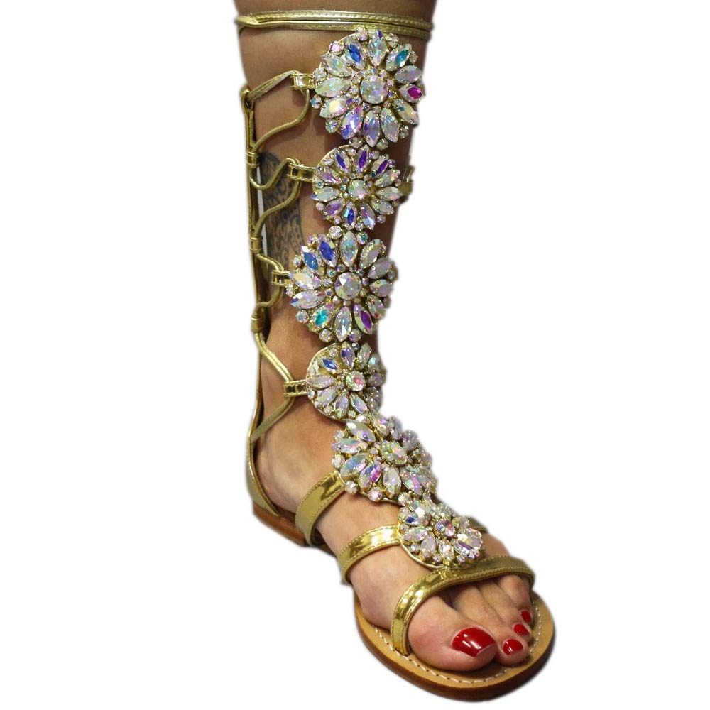 Women's Rhinestone Gladiator Sandals - Elegant Flat Wedding & Bridal Shoes for Summer, Beach, Banquet - Sexy Silver & Gold Dress Sandals for Women | Perfect for Weddings, Parties, and Special Occasions