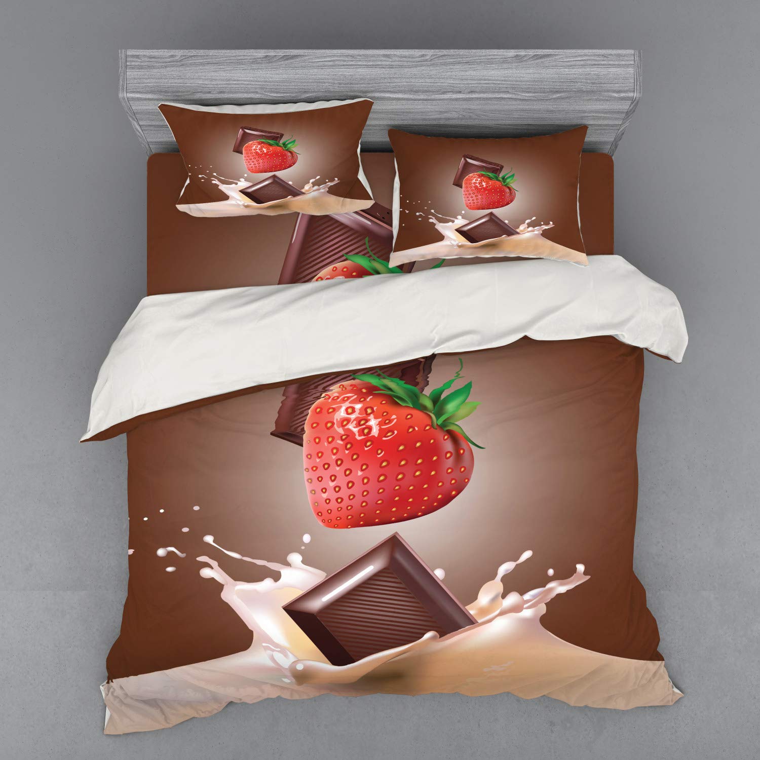 Ambesonne Fruit Duvet Cover Set - Strawberries Chocolate Milk Design on Brown Ombre Background | 4-Piece King Size Bedding Set with Shams & Fitted Sheet | Perfect for Master Bedroom, Guest Room & Dorm Decor