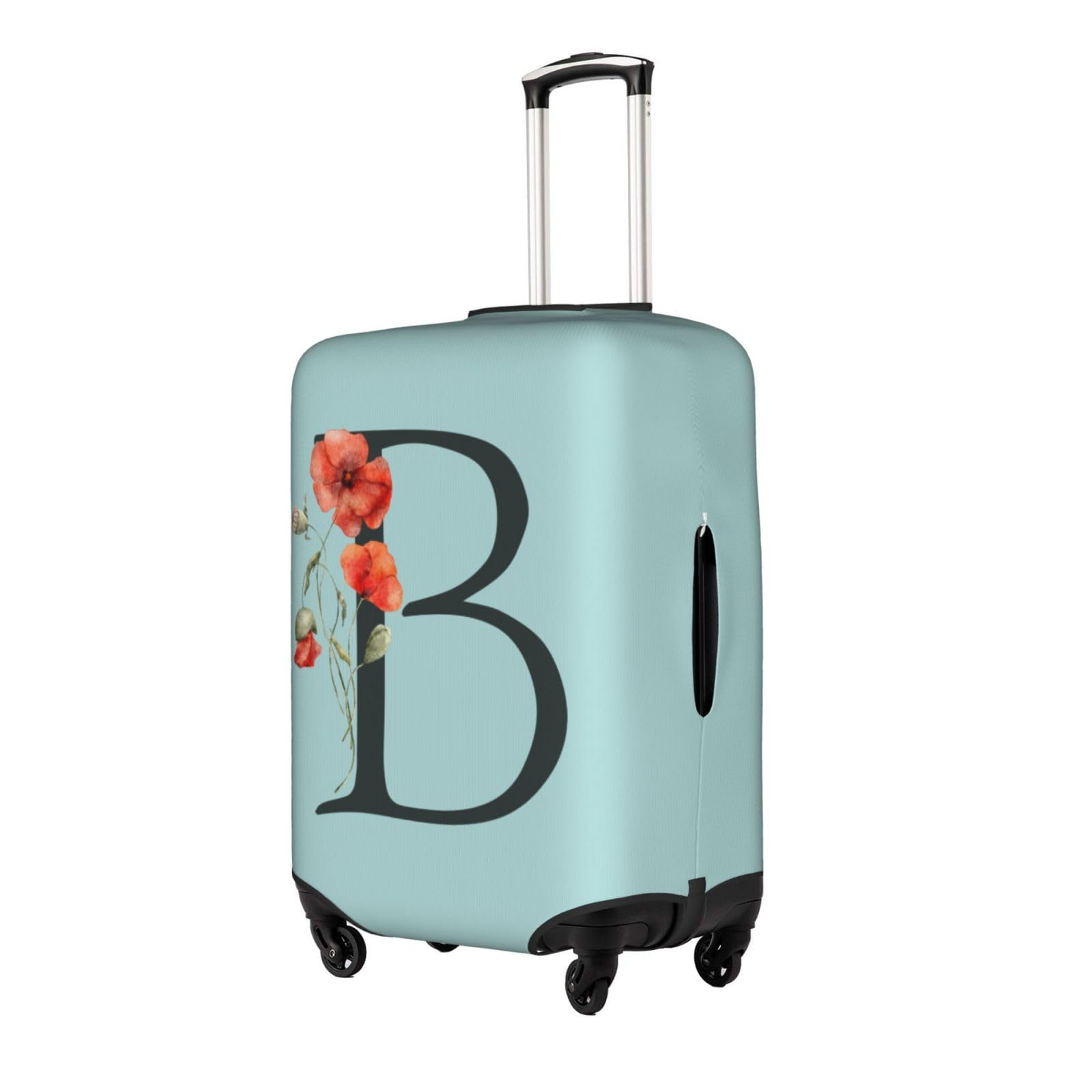 Spandex Blue Suitcase Protector Cover with Black Letter B & Boho Floral Poppy Leaves Design - Dust-Proof Washable Luggage Bag for 25-28 Inch Wheeled Suitcases (Kids & Adults) - Perfect for Travel, Airplane Trips & Vacation Packing