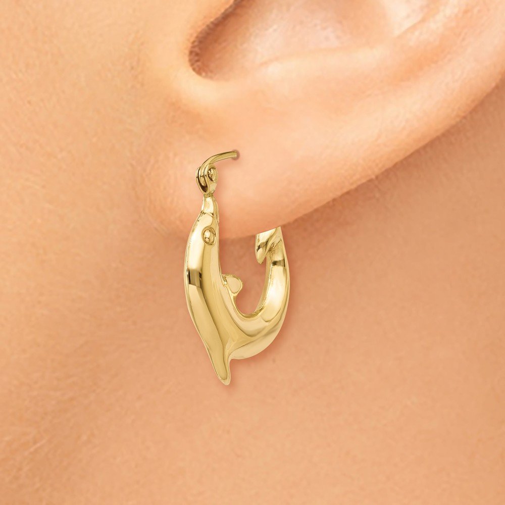 14K Yellow Gold Polished Dolphin Hoop Earrings - 10mm x 3mm Dainty Marine Jewelry for Women, Perfect for Beach Vacations & Summer Outfits