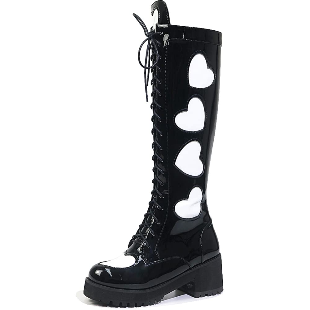 Cute Glittery Heart Knee High Boots for Women - Chunky Heel Platform Combat Boots with Zipper | Halloween Party Shoes, Cosplay, Night Out, Festival Fashion