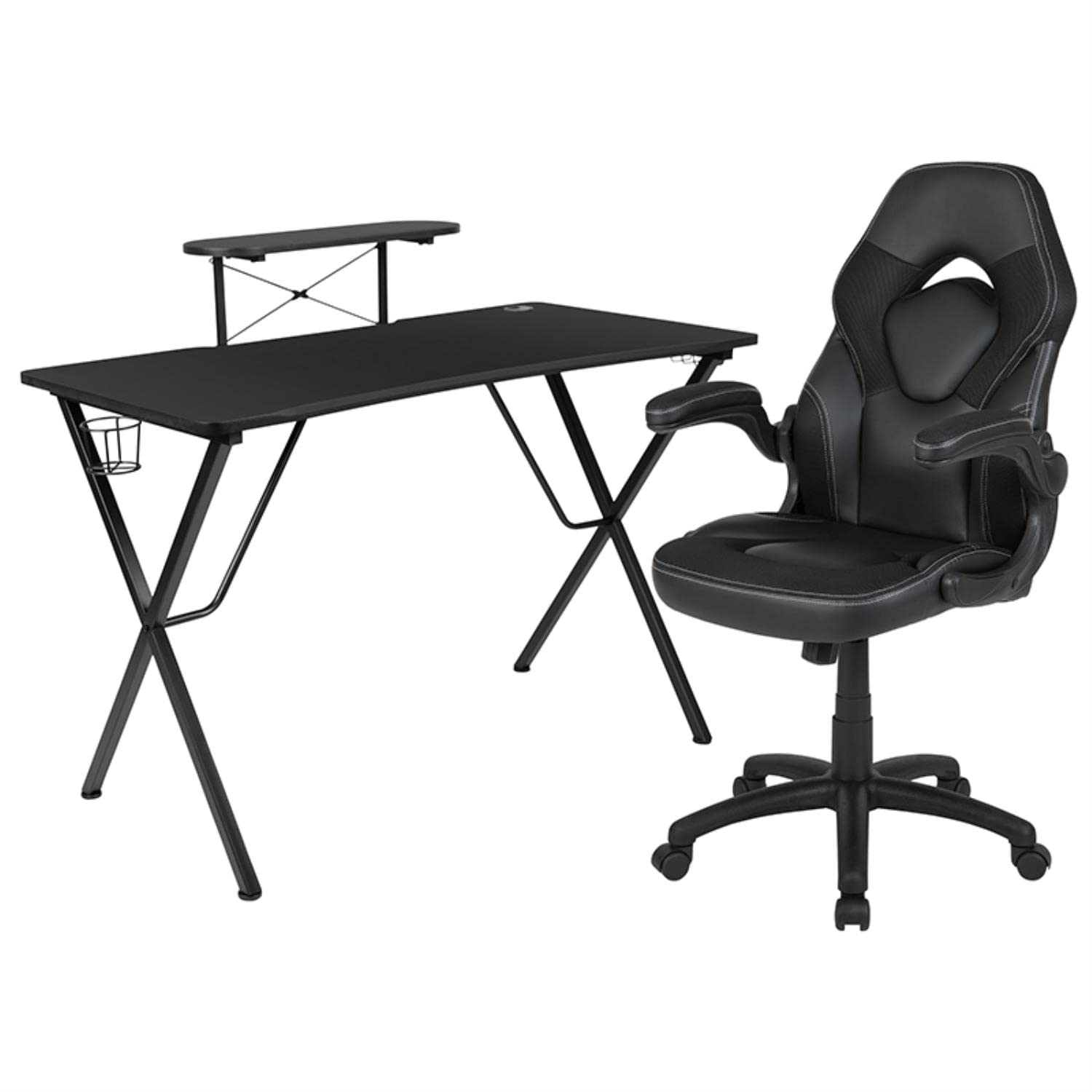 Flash Furniture Black Gaming Desk & Racing Chair Set with Cup Holder, Headphone Hook, Monitor Stand - Perfect for PC Gaming Setup, Home Office & Streaming Station