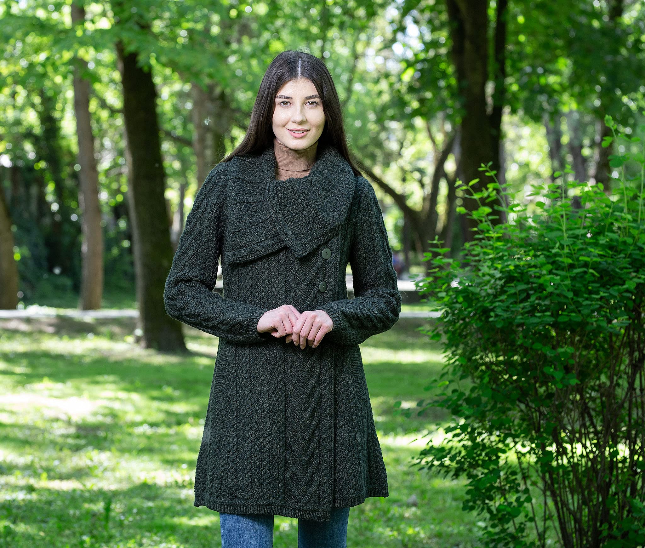 SAOL 100% Merino Wool Women's Classic Cable Knit Cardigan Sweater - Irish Coat with Pockets - Warm Winter Layering for Office, Travel & Casual Outfits