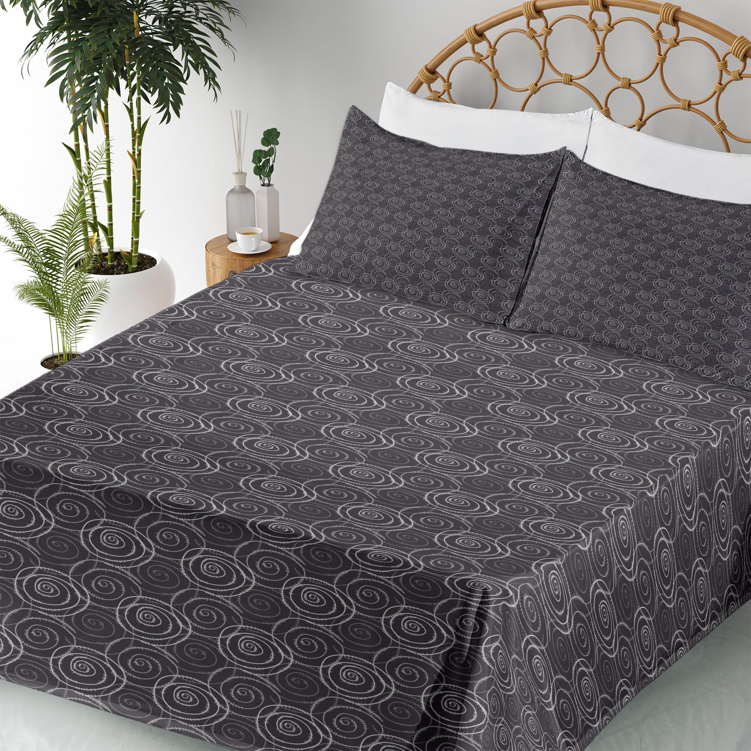 Ambesonne Abstract Sheet Set - Modern Hand Drawn Whirlpool Print 4-Piece Bedding Set (King Size, Dark Purple & Pale Grey) for Luxury Bedroom Decor & Guest Room Essentials