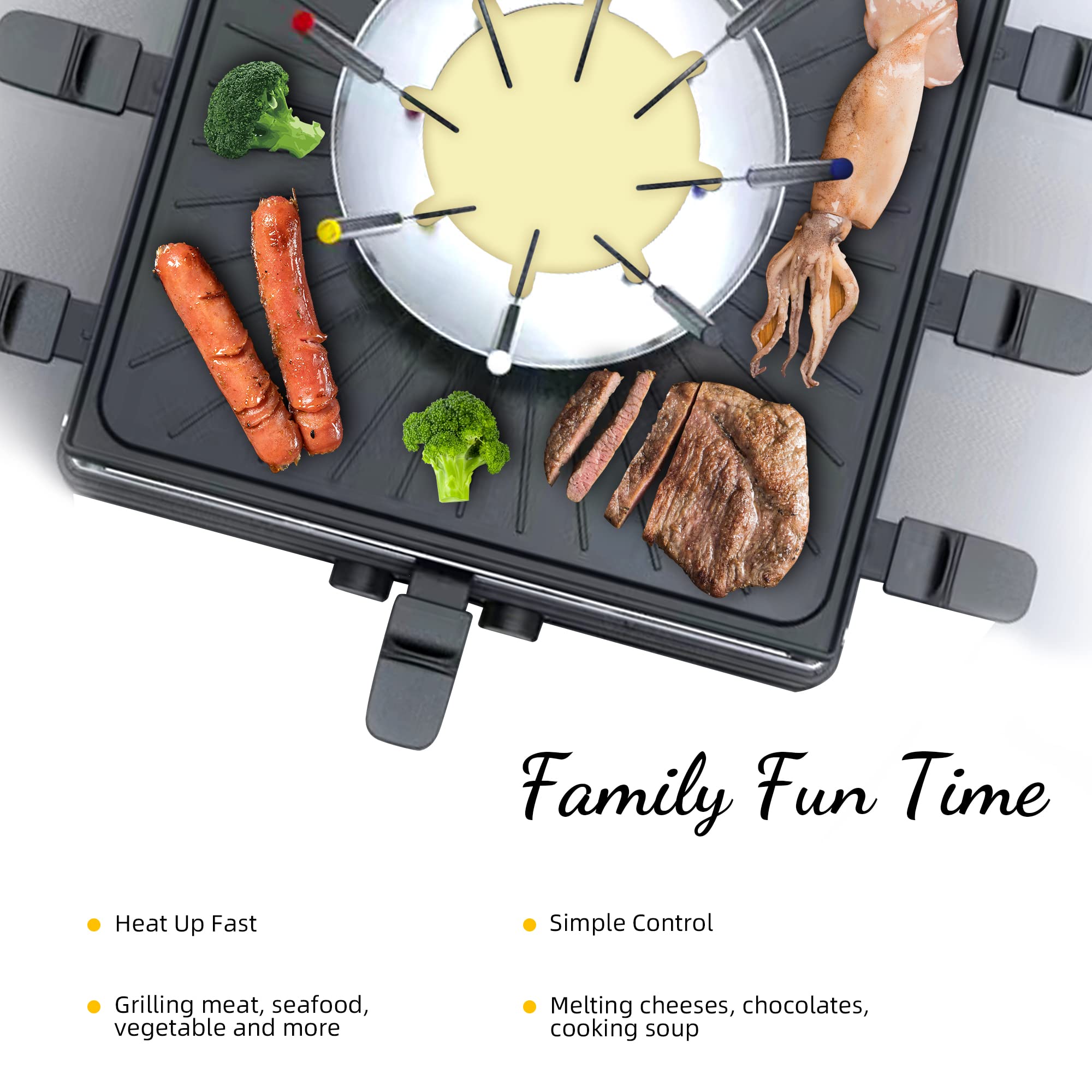Electric Fondue Pot Set - 600ML Non-Stick Fondue Pot with Grill Plate, 8 Color-Coded Forks & 8 Mini Pans, Dual Thermostat Control for Cheese, Chocolate & Meat | Perfect for Parties, Family Gatherings & Romantic Dinners