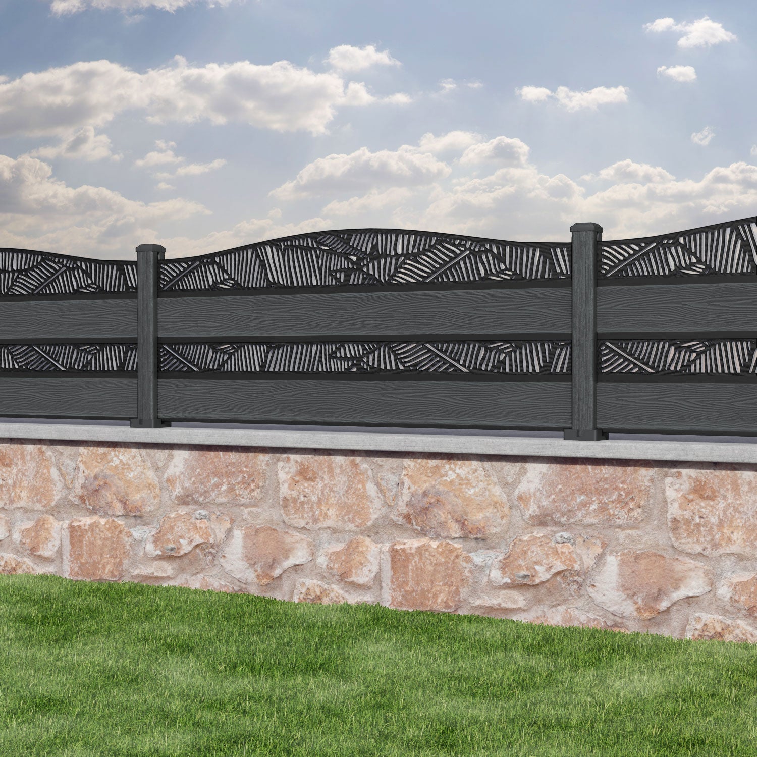 Classic Feather Curved Top Split Screen Fence Panel - Dark Grey Composite Privacy Fence for Backyard, Garden & Pool Area | Durable Weather-Resistant Outdoor Decor