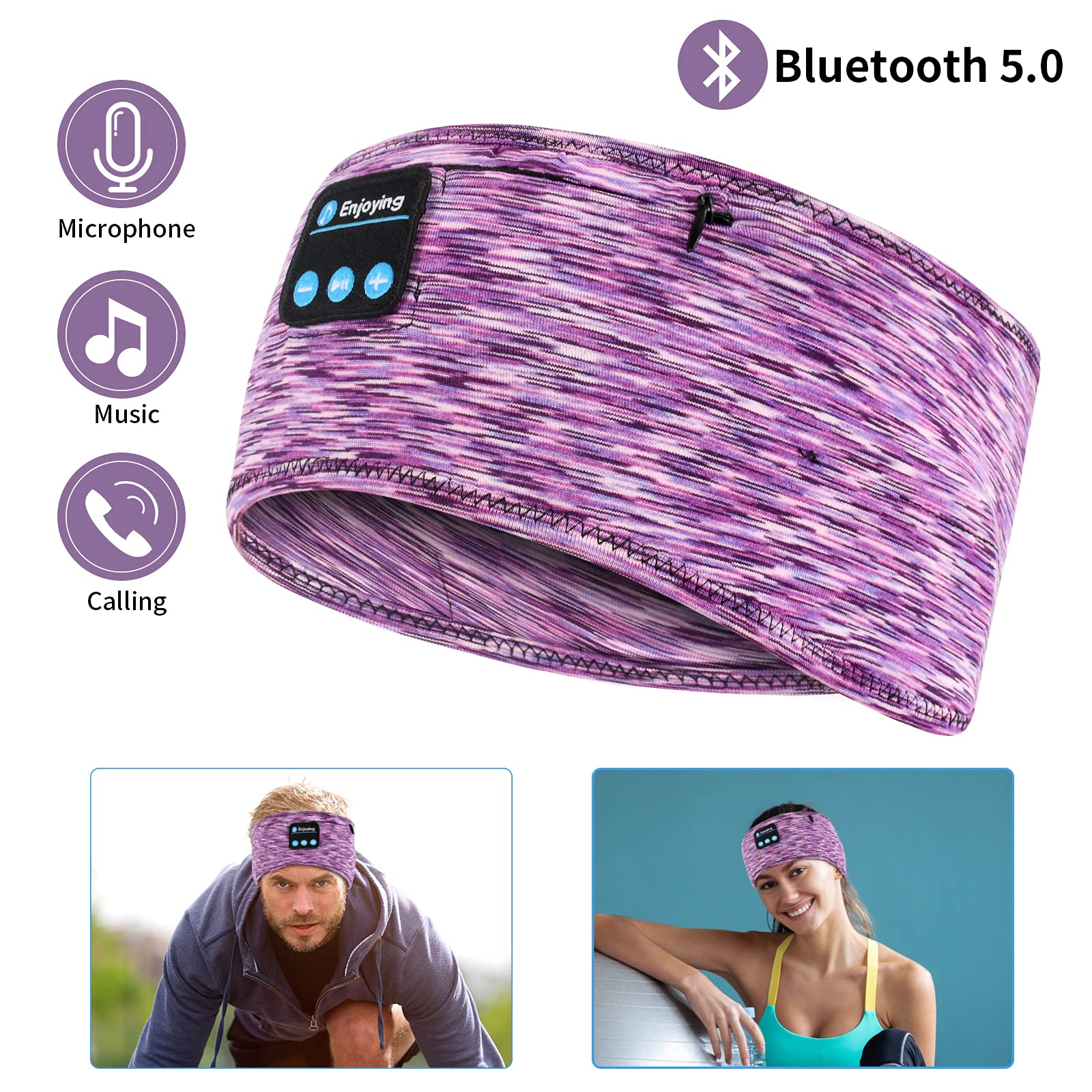 Wireless Sleep Headphones Headband with Zip Pocket - Ultra-Thin HD Stereo Speakers for Side Sleepers, Meditation, Yoga & Sports | Comfortable Bluetooth Music Headband for Night Use, Gym Workouts & Relaxation (Purple)