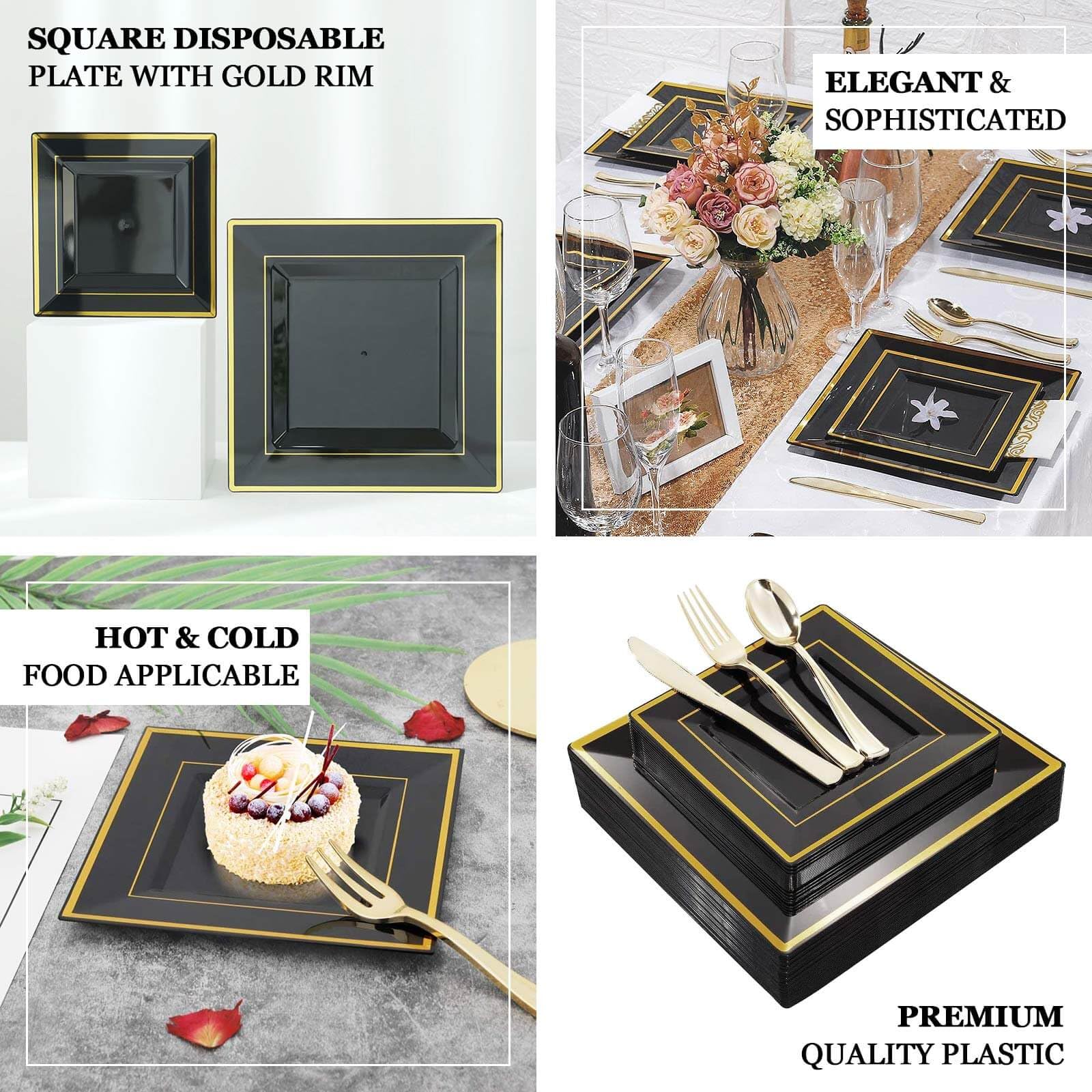Efavormart 7 Inch Gold Trim Black Square Plastic Plates - 10 Pack for Salad, Dessert, Party, Wedding & Catering Events