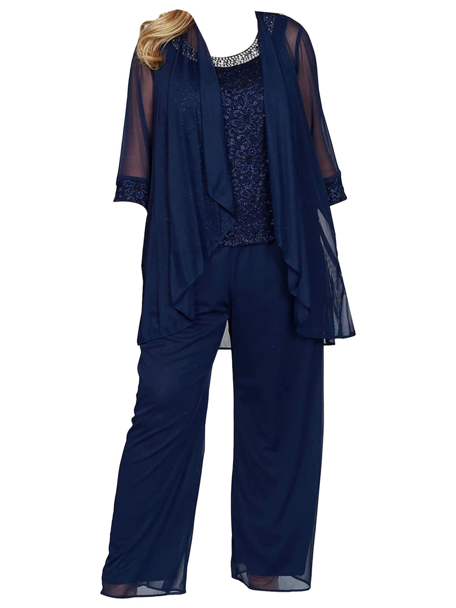 Elegant Women's Chiffon Lace 3-Piece Pants Suit Set - Mother of The Bride Dress & Wedding Guest Outfit - Plus Size Formal Wear for Special Occasions