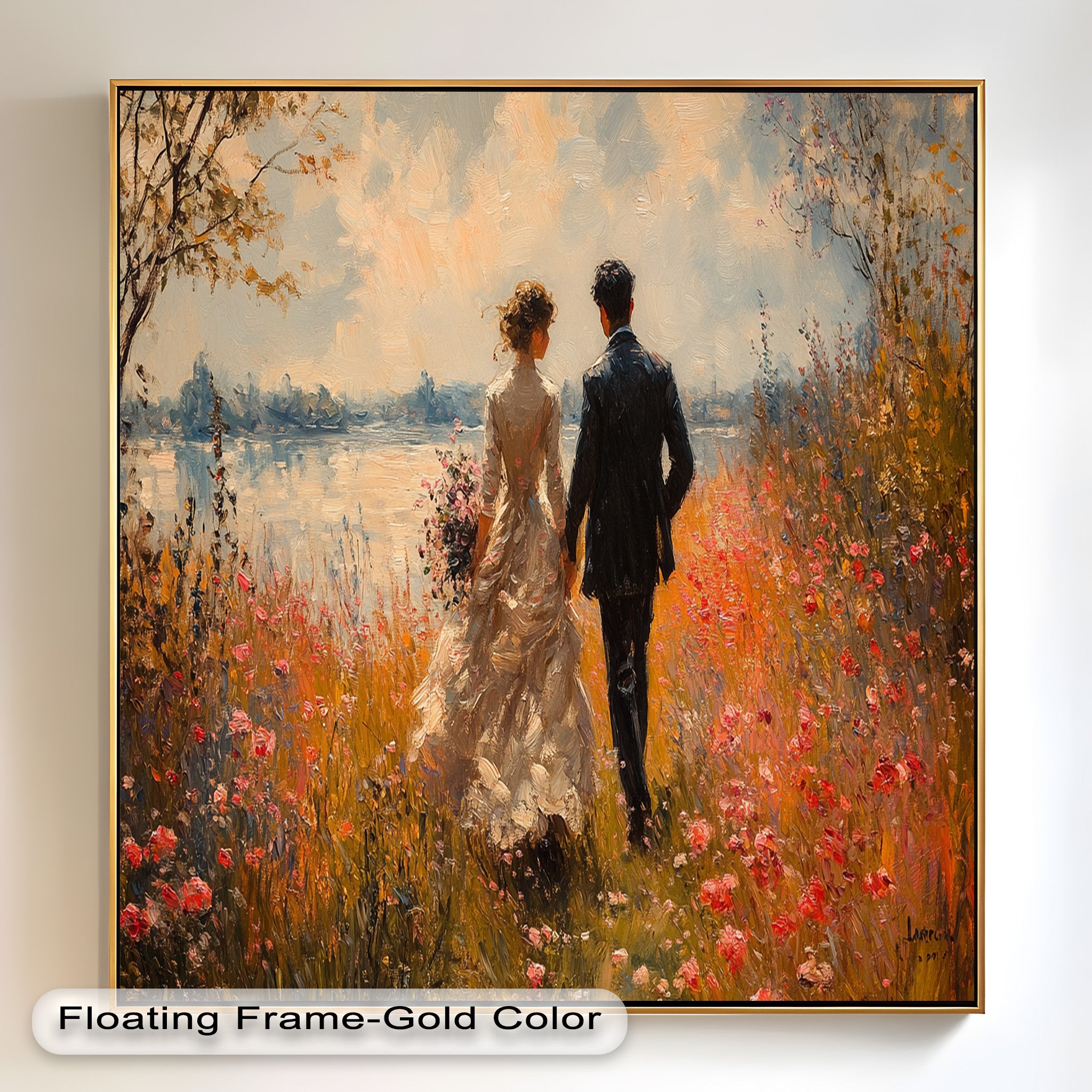 Impressionist Couple in Blooming Field Oil Painting - Romantic Wall Art for Living Room, Bedroom Decor - Perfect Gift for Anniversaries & Weddings