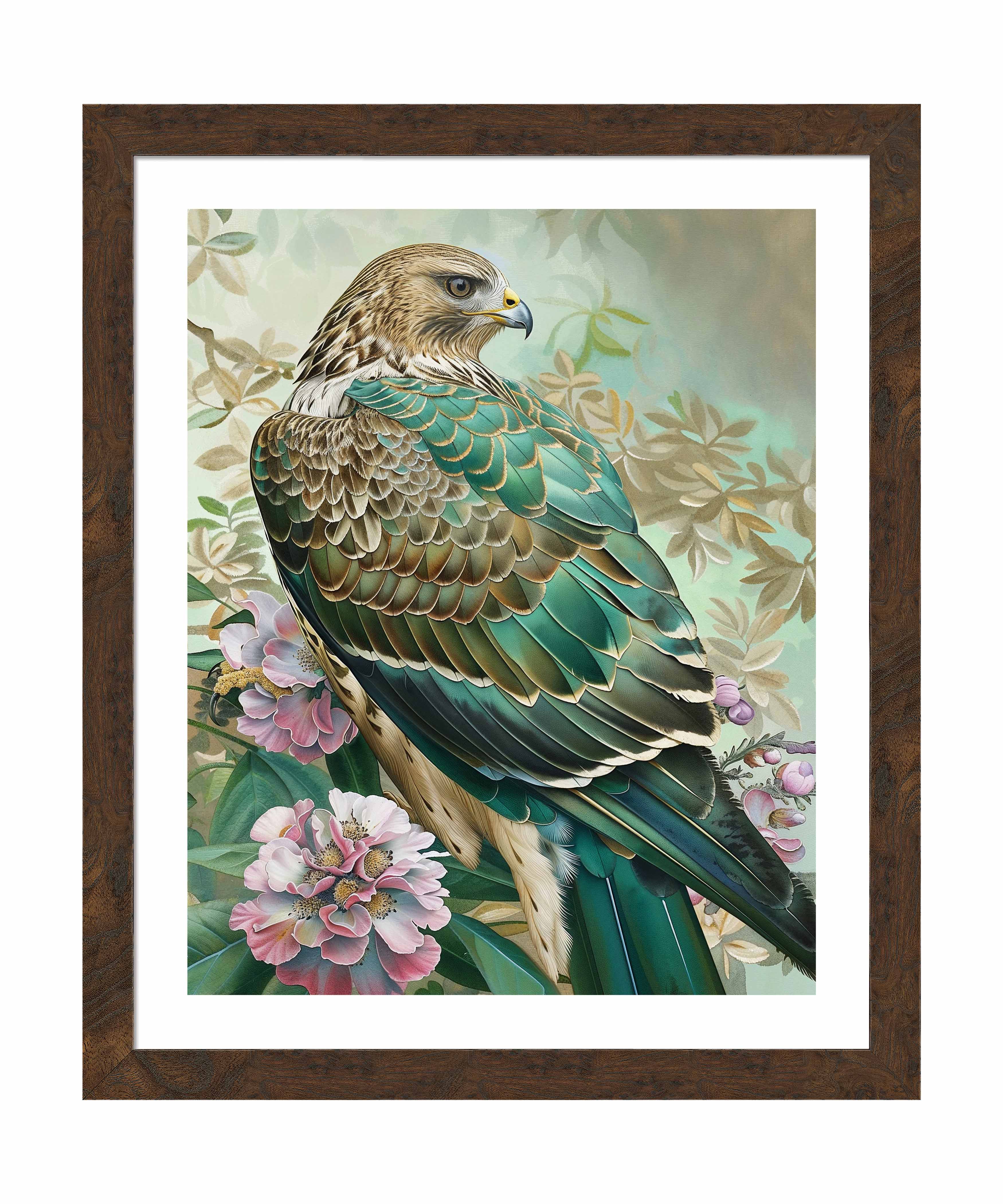 Emerald Majesty Hawk Amidst Blossoms Wall Art Print - Stunning Nature Wildlife Decor for Living Room, Bedroom & Office