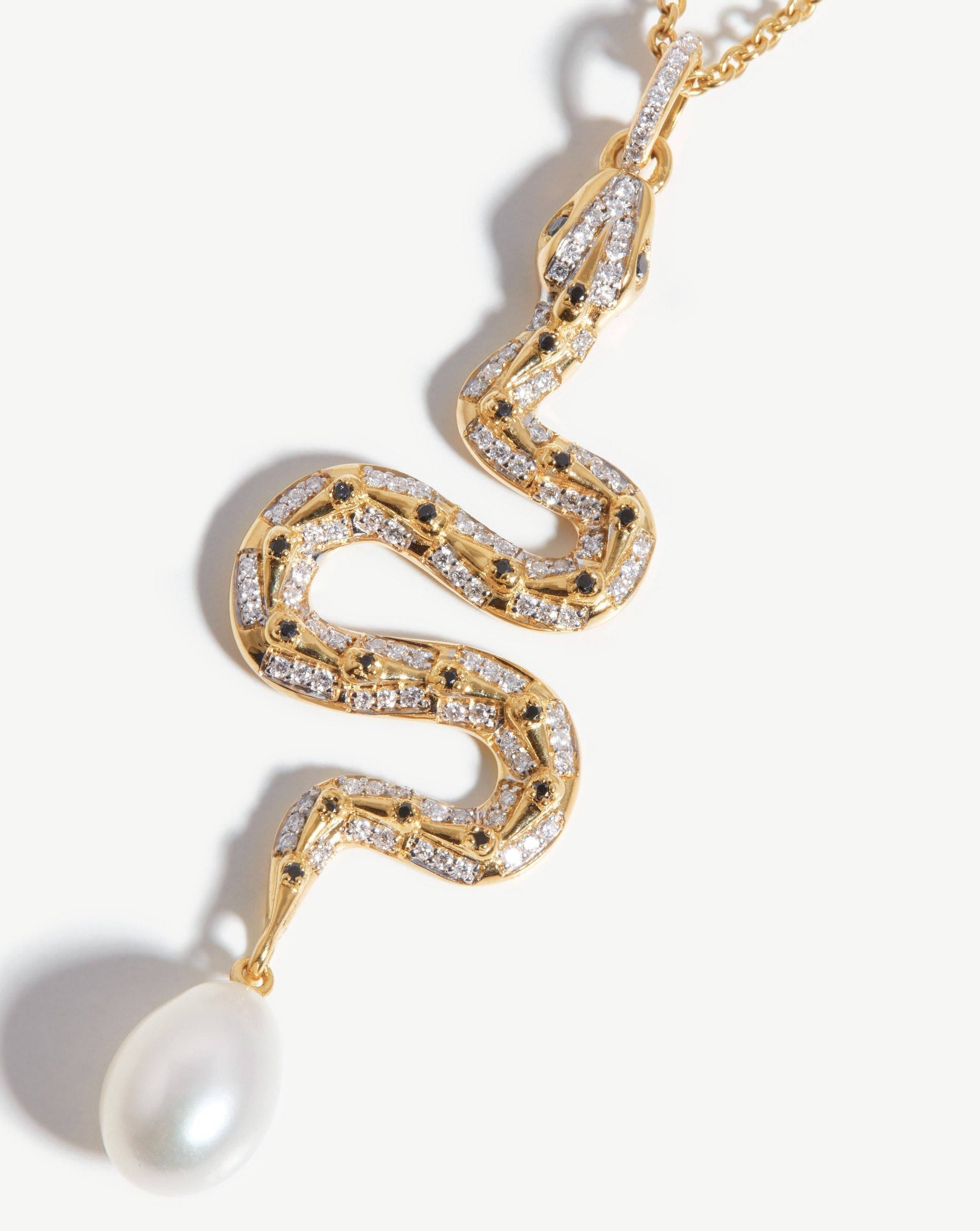 Harris Reed Fine Serpent Necklace - 14k Solid Gold Pearl & Diamond Pendant | Elegant Jewelry for Women, Perfect Gift for Birthday, Anniversary & Special Occasions