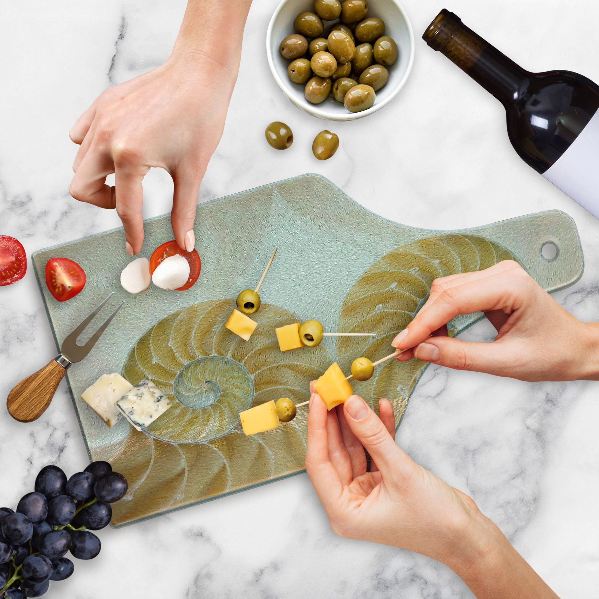 Ambesonne Seashells Cutting Board - 2-Sided Geometric Mirrored Symmetric Design, Tempered Glass Serving Board for Kitchen & Dining - Wine Bottle Shape in Cream White - Perfect for Cheese, Charcuterie & Wine Pairing