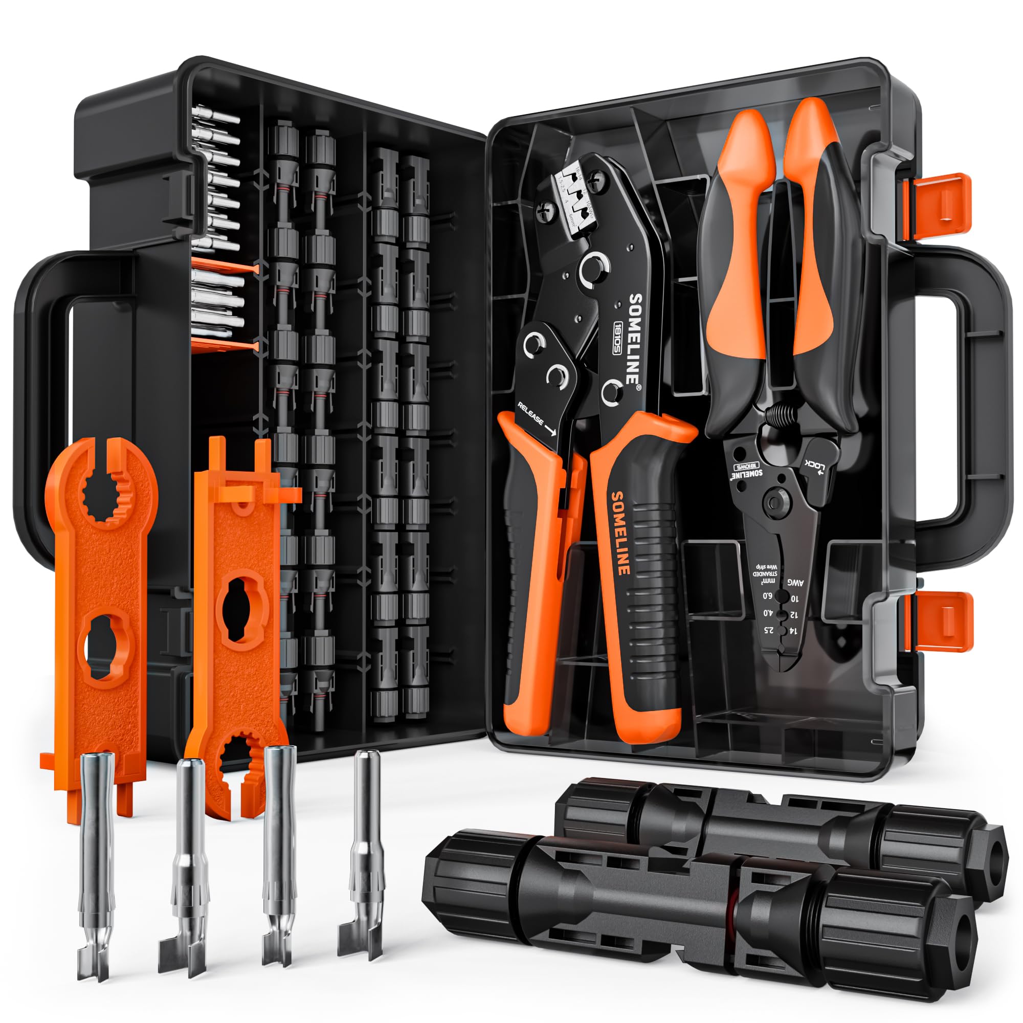 SOMELINE® Solar Connector Crimping Tool Kit - 14-10 AWG Solar Panel Cable Crimper with 12 Pairs MC4 Connectors, Wrench & Wire Stripper | Ideal for Solar Panel Installation, Maintenance & DIY Projects