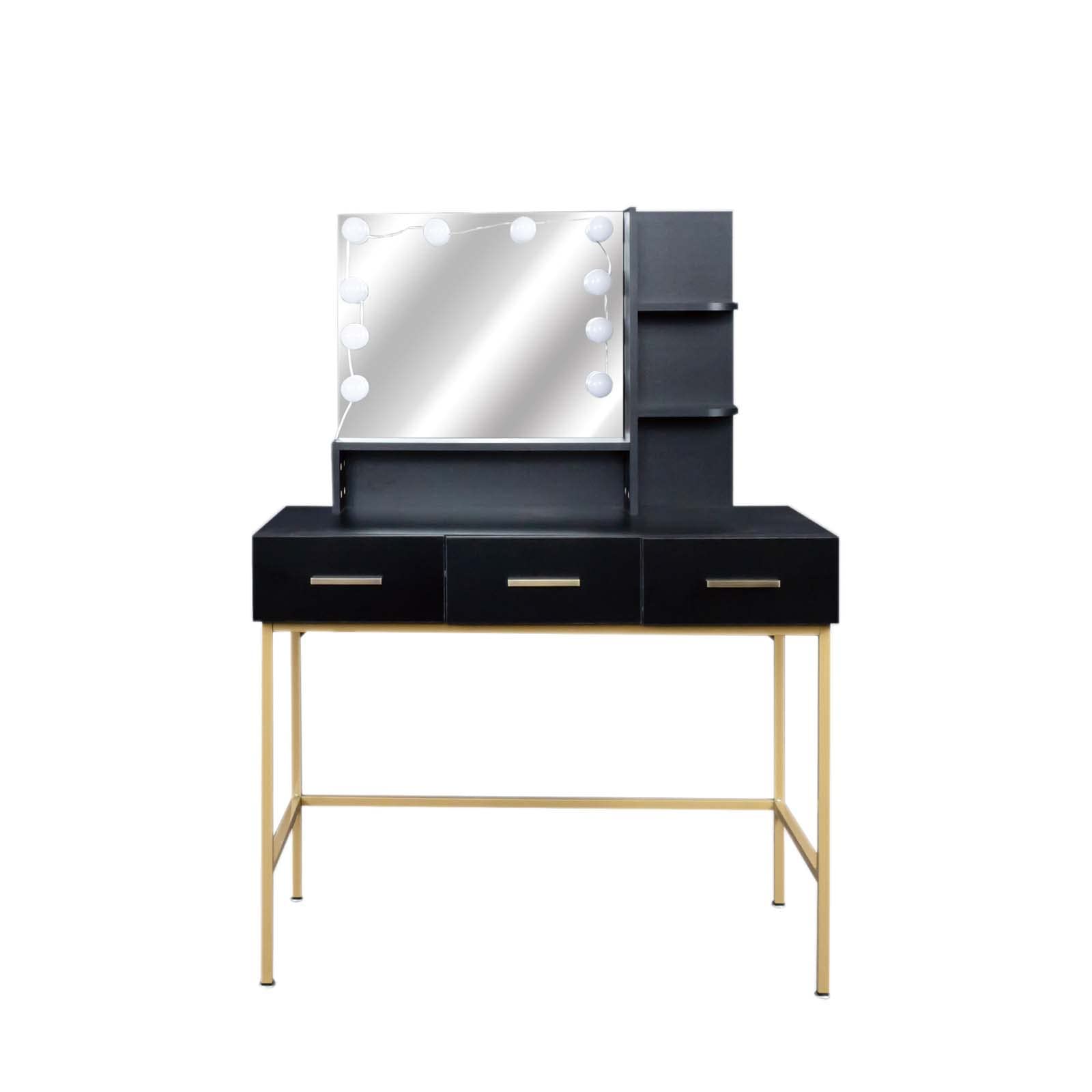 Modern Vanity Table Set with 10 LED Lights Makeup Mirror & Stool - Adjustable Brightness, 3 Storage Drawers, Black Makeup Dresser for Women Bedroom | Perfect for Daily Beauty Routine & Small Space Organization