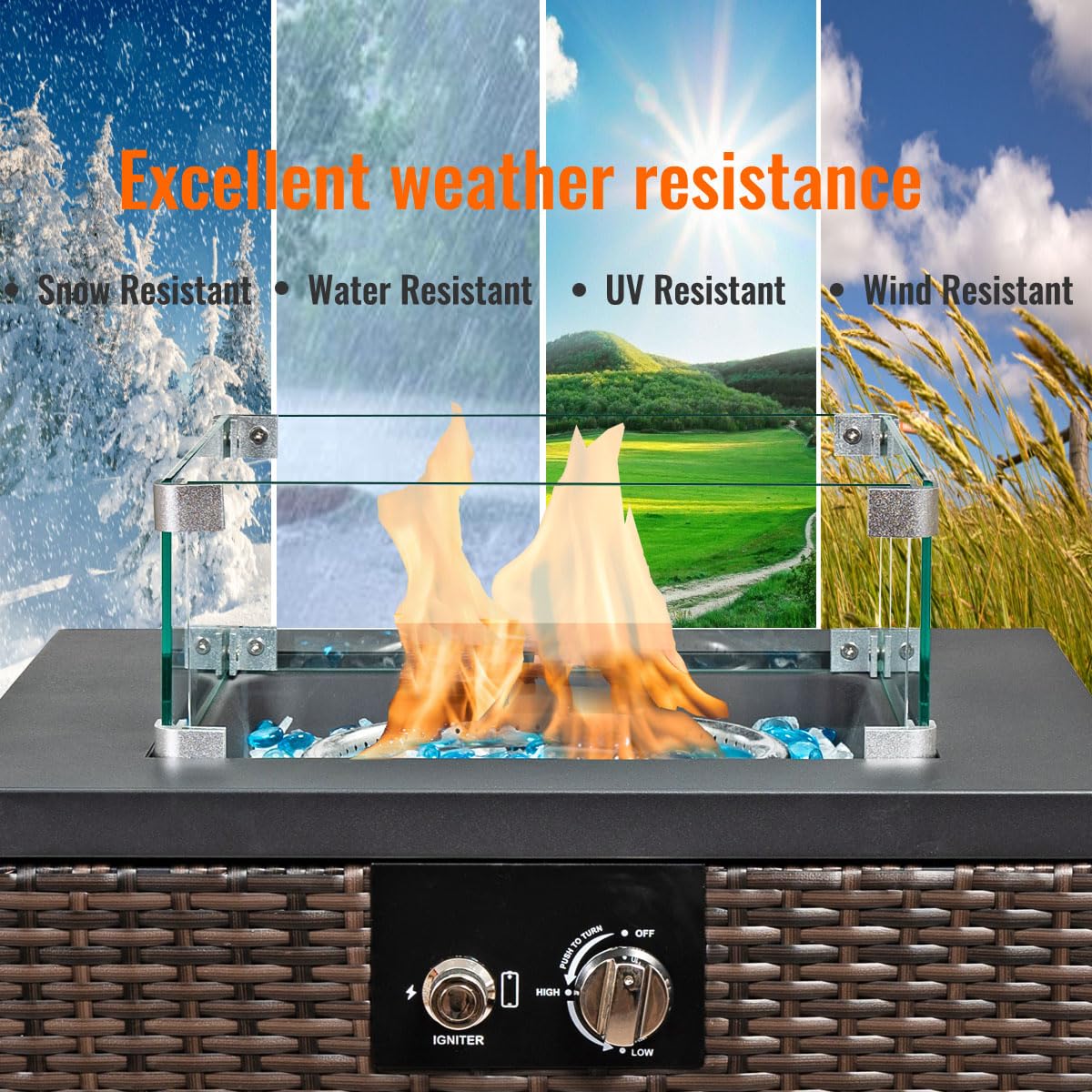 22in Outdoor Propane Gas Fire Pit Table - 40,000 BTU Auto-Ignition Fire Pit with Wind Guard & Glass Rocks - Weather-Resistant Steel Tabletop & Brown PE Rattan - Perfect for Patio, Backyard, and Garden Gatherings