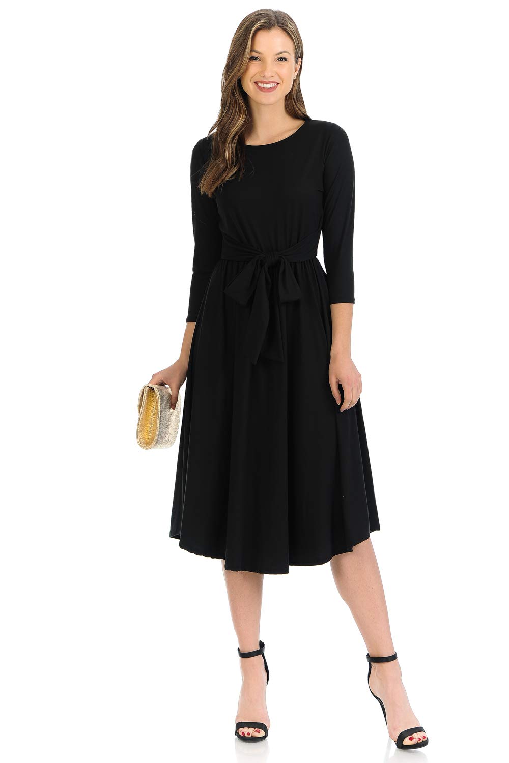 Iconic Luxe Women's A-Line Midi Dress with Waist Tie - Elegant Flowy Summer Dress for Weddings, Parties & Date Nights