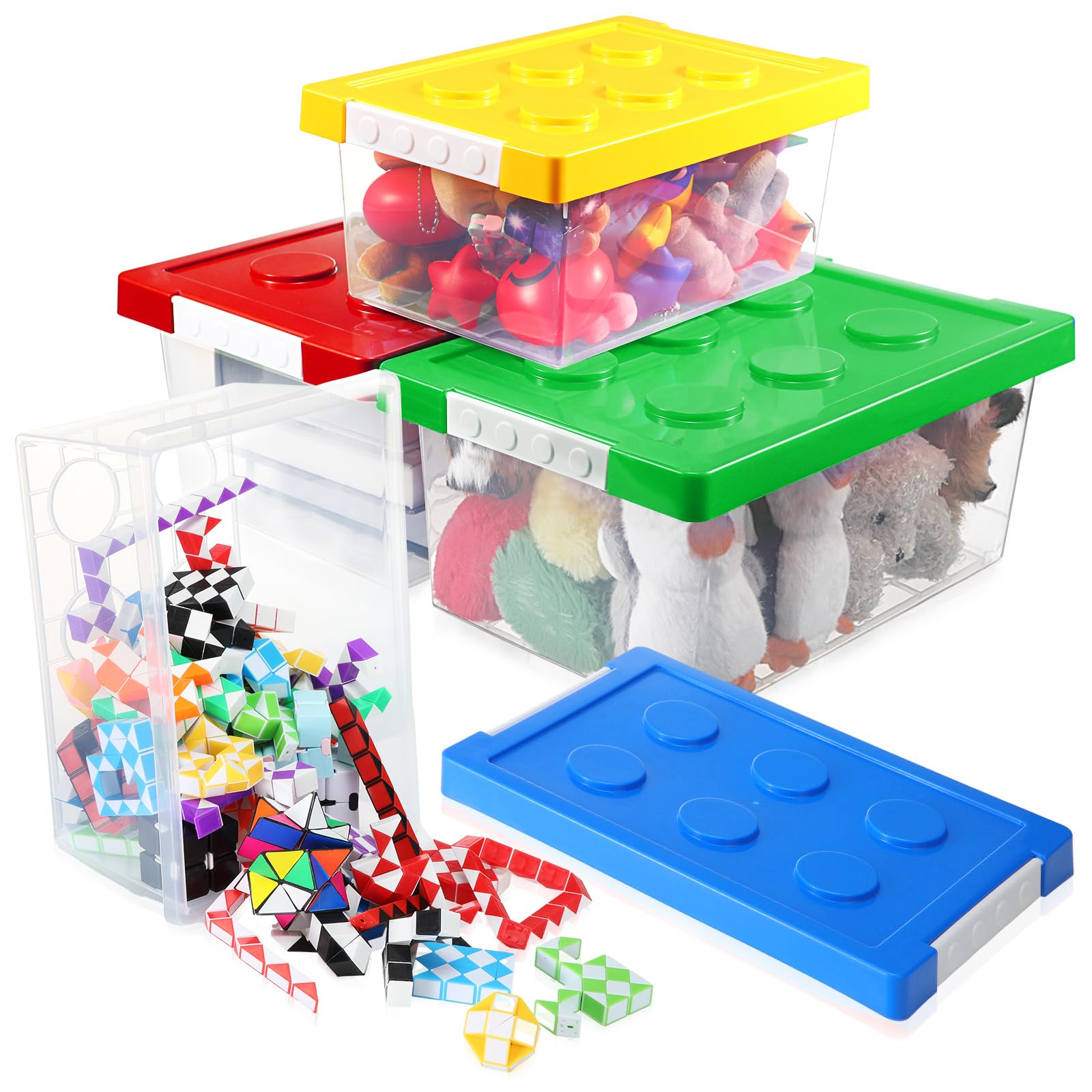 Vicenpal 4 Pack Brick Shaped Toy Storage Containers with Lids - Clear Plastic Stackable Organizer Bins for Kids Building Blocks, Dolls & Toys (Large & Small, Red, Yellow, Blue, Green) - Perfect for Playroom, Nursery & Classroom Organization