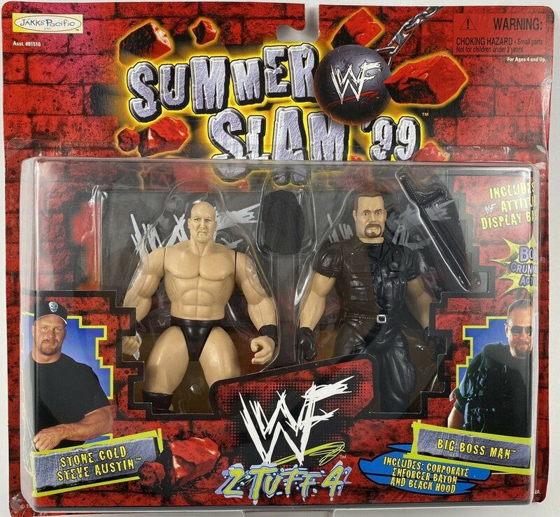 Vintage 1999 WWF Jakks Pacific 2 Tuff 4 Stone Cold Steve Austin & Big Boss Man Wrestling Action Figure Set - Collectible Wrestling Toys for WWE Fans, Display & Play Scenes