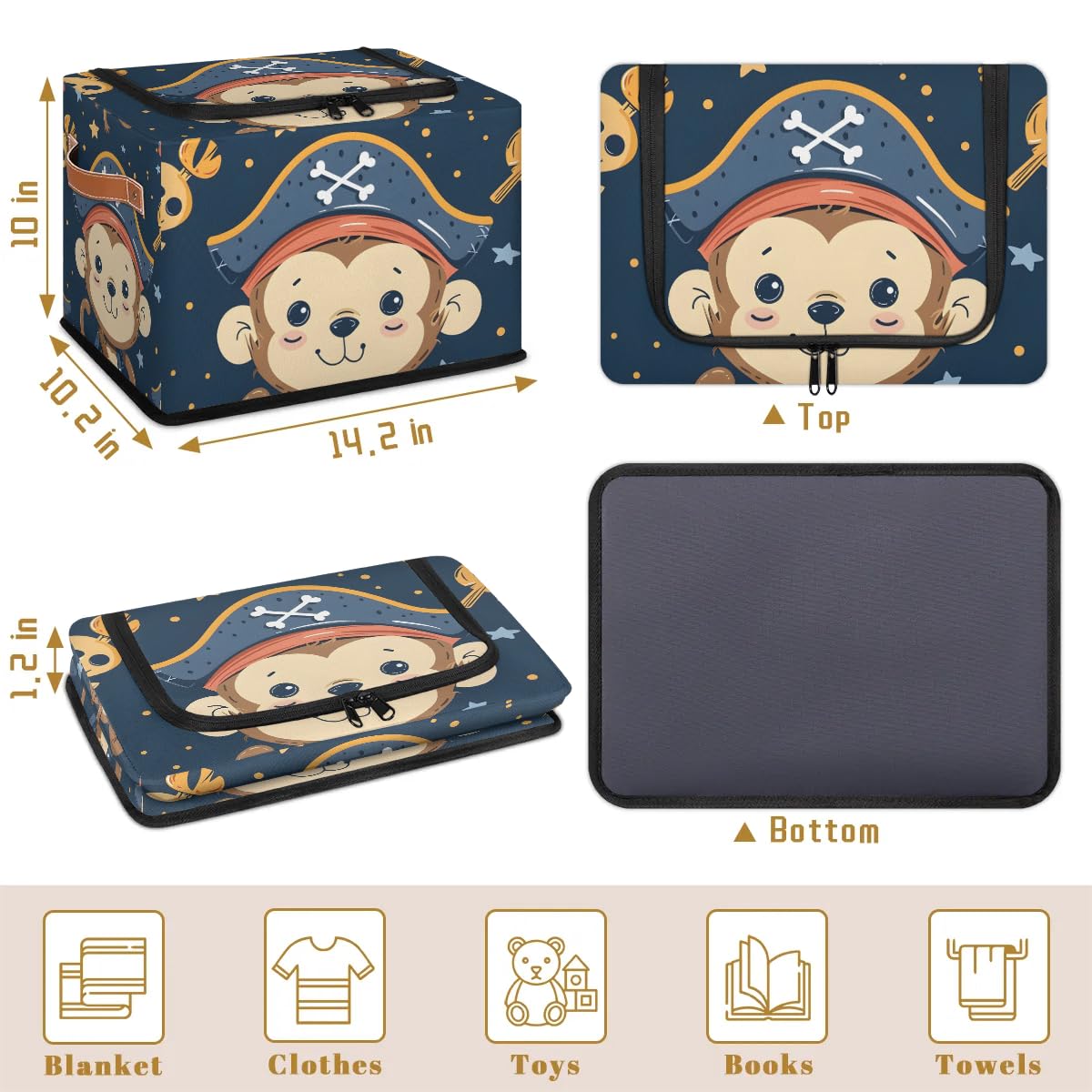 Monkeys Pirate Skeleton Storage Bins with Zipper Lid - 2 Pack Stackable Storage Baskets with Metal Frame, PU Handles - Closet Organizer Cube for Clothes, Toys & Home Organization - Perfect for Bedroom, Kids Room & Dorm Storage