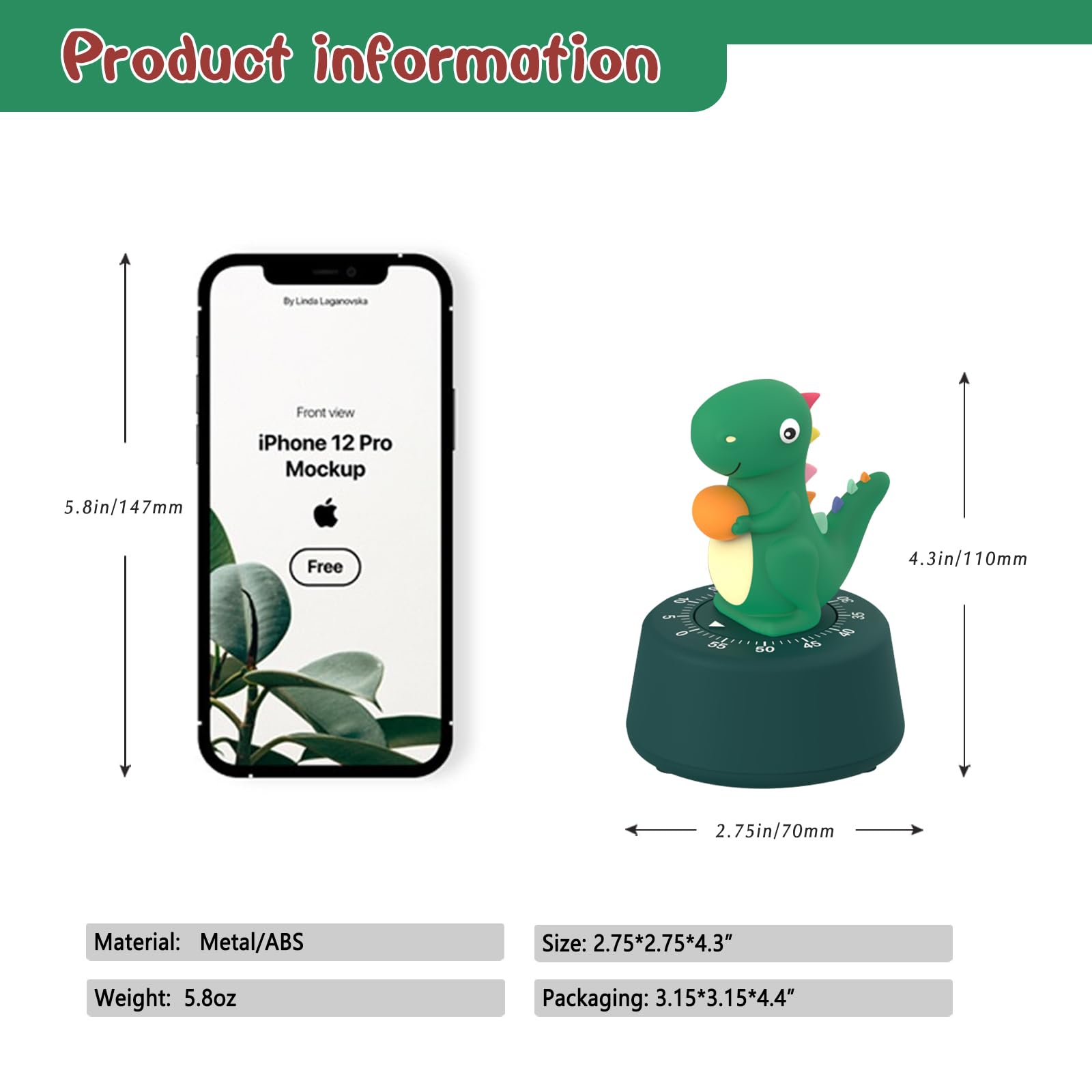 60 Minute Mechanical Kitchen Timer - Cute Dinosaur Egg Timer for Cooking, Baking, Kids & Classroom | Wind Up Analog Timer for Sports, Reading & Study | Dark Green Home & Kitchen Essential