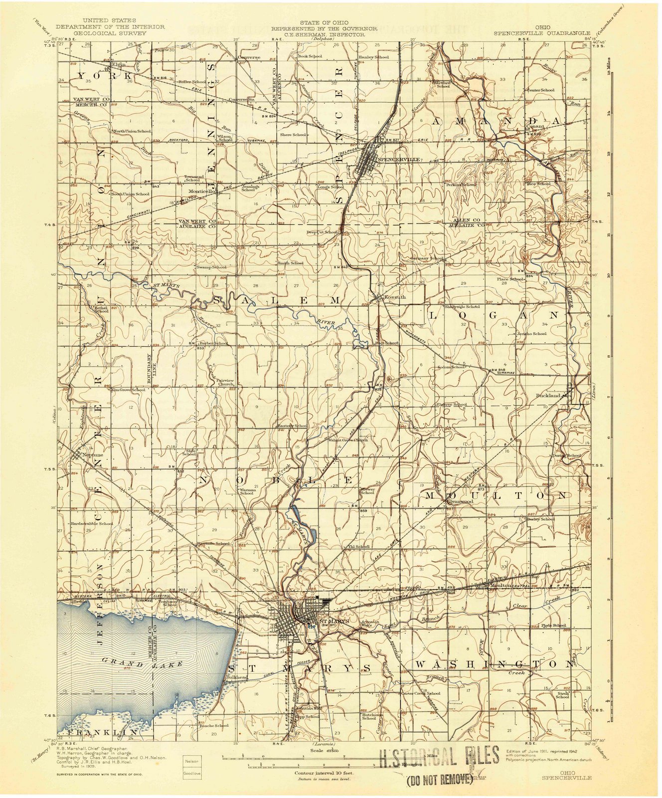 1911 Spencerville Ohio USGS Historical Topographic Map - Vintage Wall Art Decor 44x53 Inches - Large Framed Map for Home Office, Classroom & Gifts