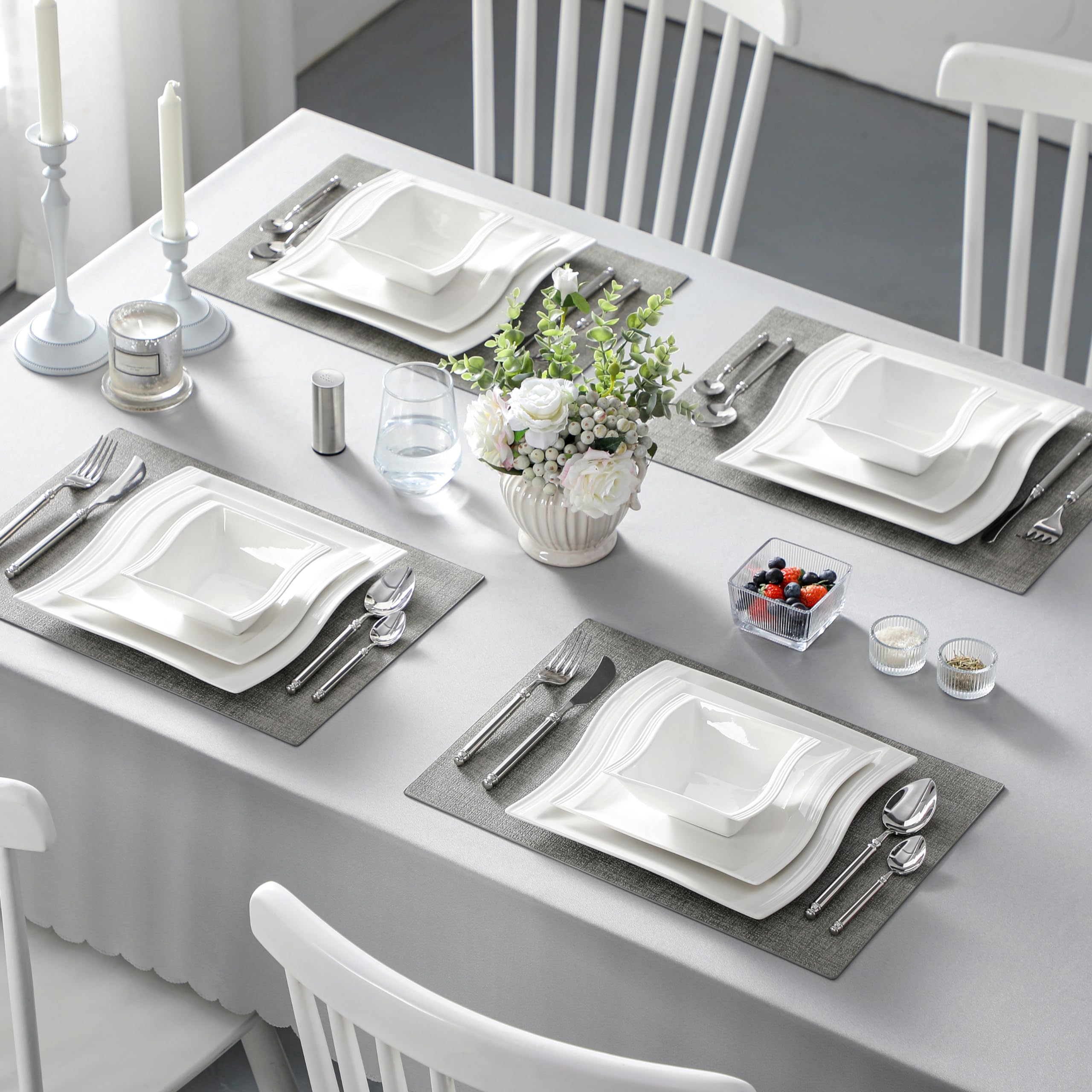 MALACASA 12-Piece Ivory White Porcelain Dinnerware Set for 4 - Square Plates, Bowls & Dessert Plates | Elegant Flora Series | Perfect for Daily Meals, Dinner Parties & Home Decor