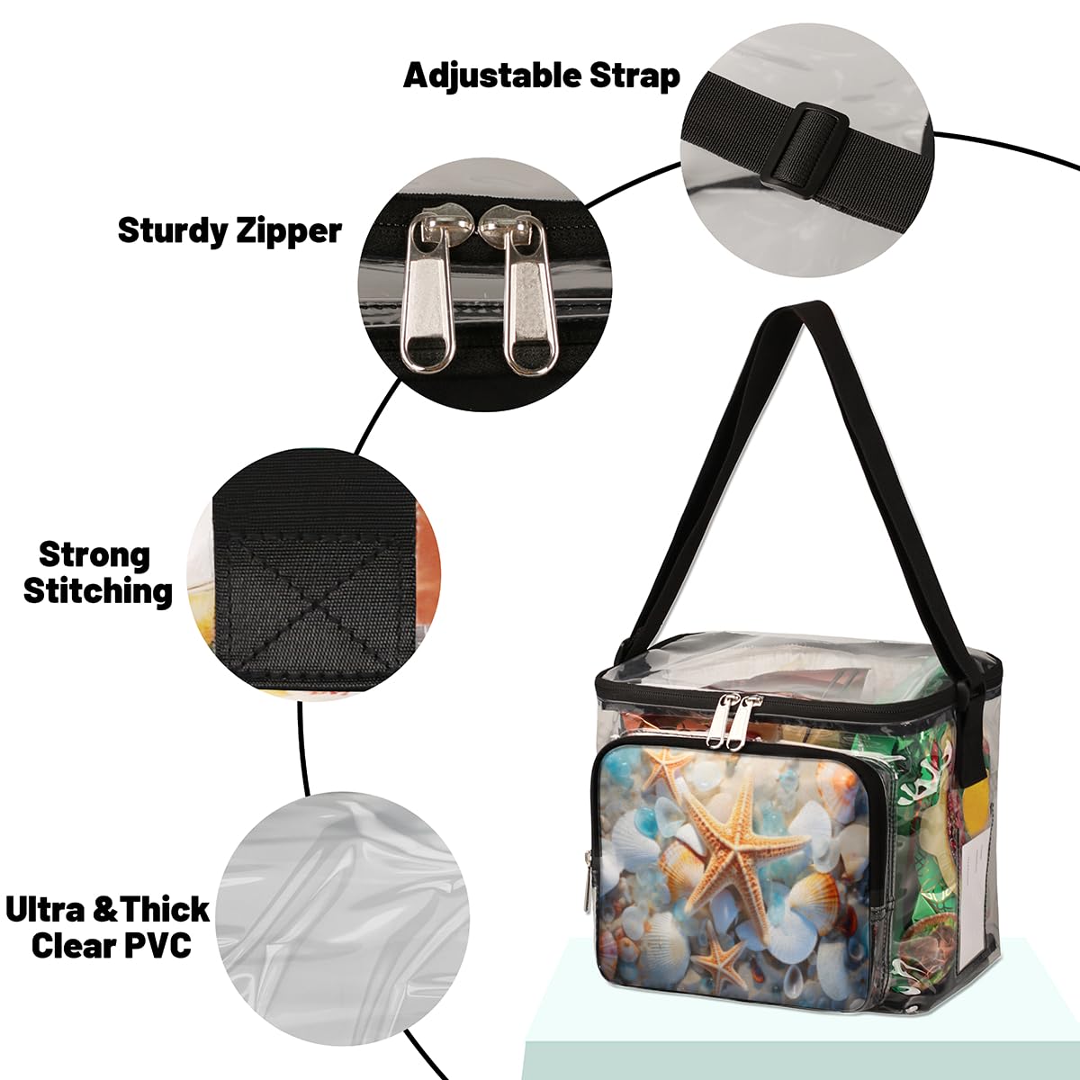 GzLeyigou Clear Transparent Beach Tote Bag with Handles - Starfish & Seashell Design Marine Life Shoulder Bag for Outdoor, Travel, Picnic, Concerts, Sports Events | Stadium Approved Lunch Bag for Women & Men | Perfect for Beach Day, Shopping, and Summer Outings