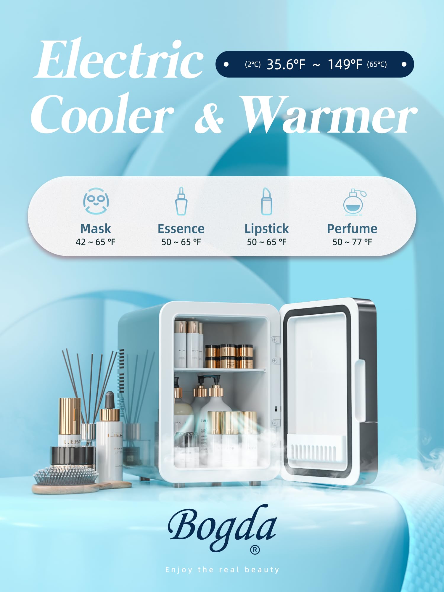 BOGDA 4L Mini Skincare Fridge with LED Light Mirror - Portable Cosmetic Cooler & Warmer for Makeup, Skincare, Food & Drinks - Perfect for Bedroom, Office, Car & Travel - Compact 6-Can Capacity (Grey)
