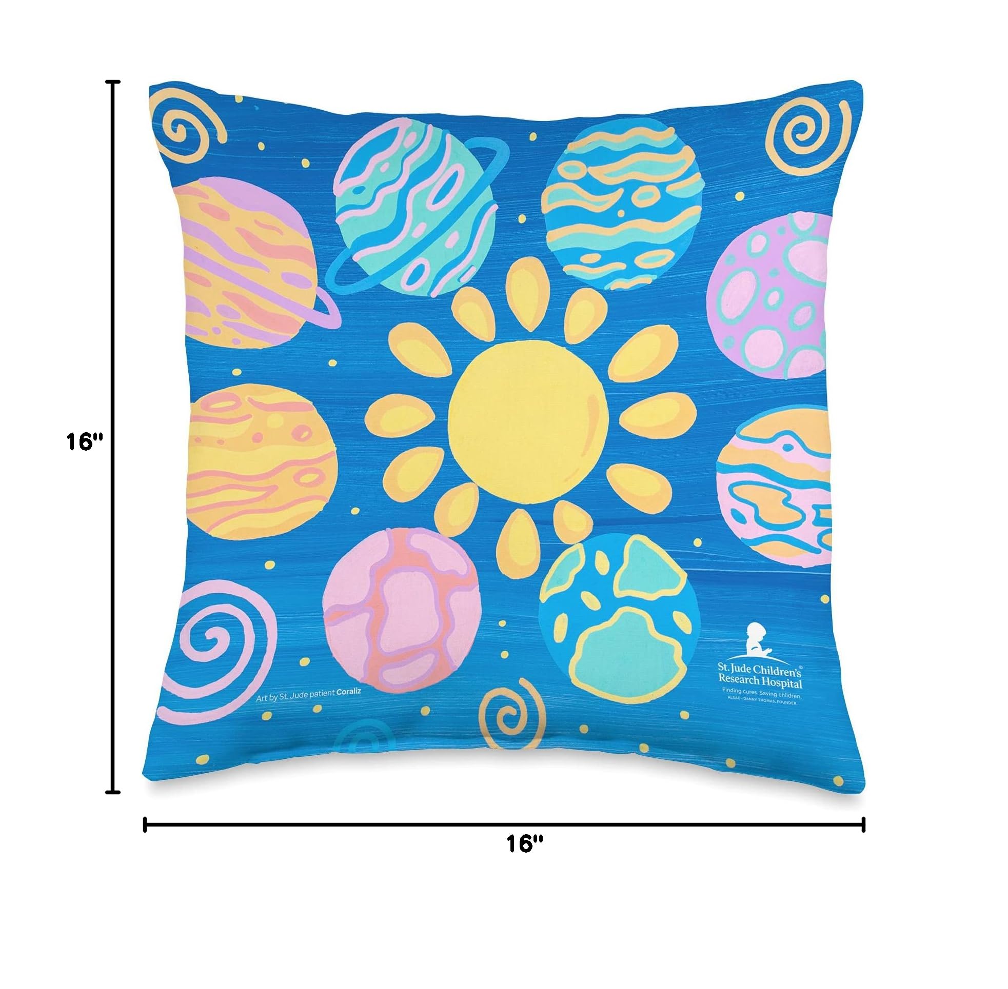 St. Jude Patient Art Planets Throw Pillow - Decorative Space Themed Cushion Cover for Sofa, Bed & Nursery - Gift for Astronomy Lovers