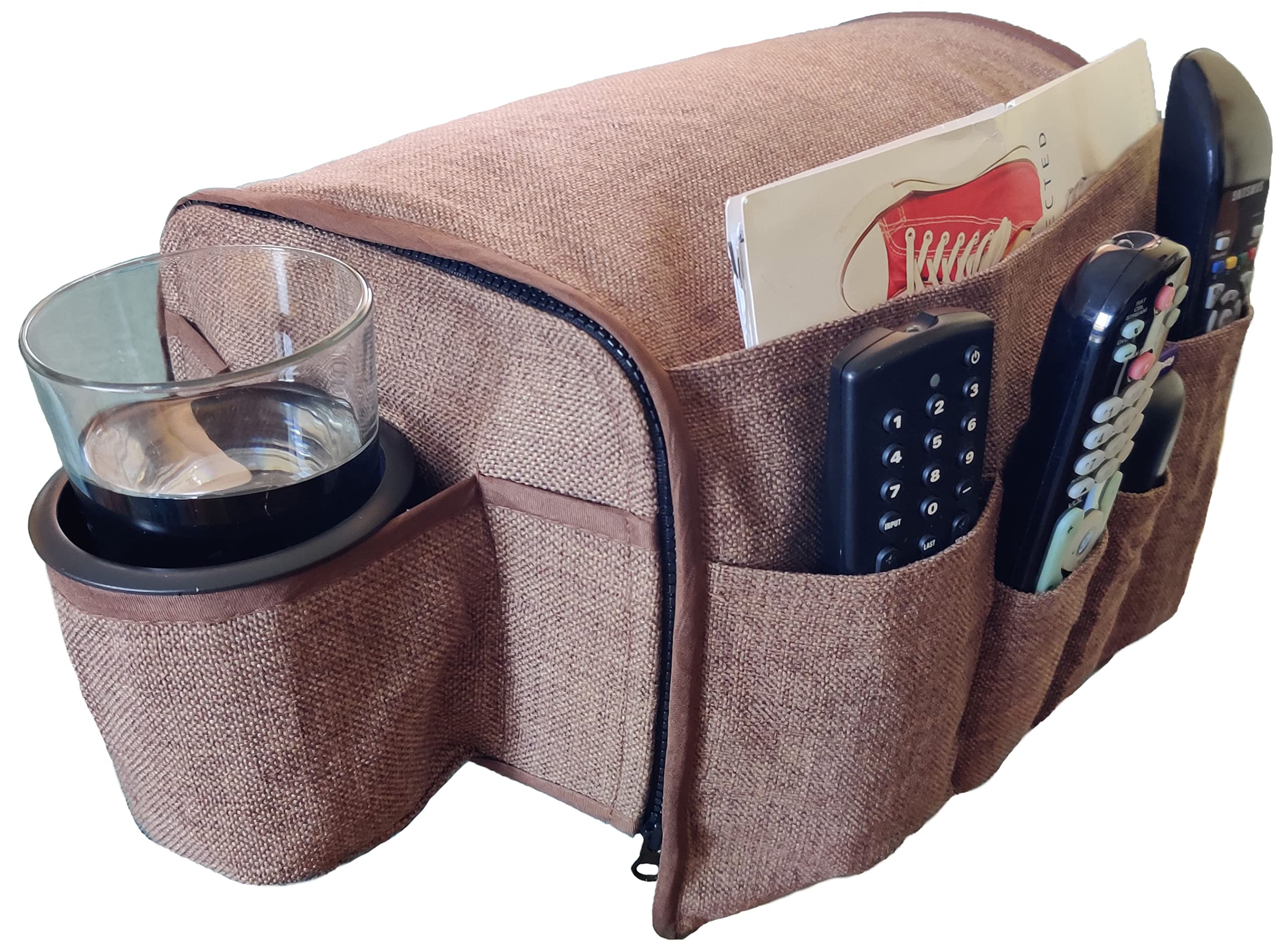 Non-Slip Couch Caddy Remote Control Holder - 6 Storage Pockets Armrest Organizer with Cup Holder for Recliner, Armchair & Sofa (8 Inches, Chocolate Brown) - Perfect for Living Room, Home Theater & Relaxing
