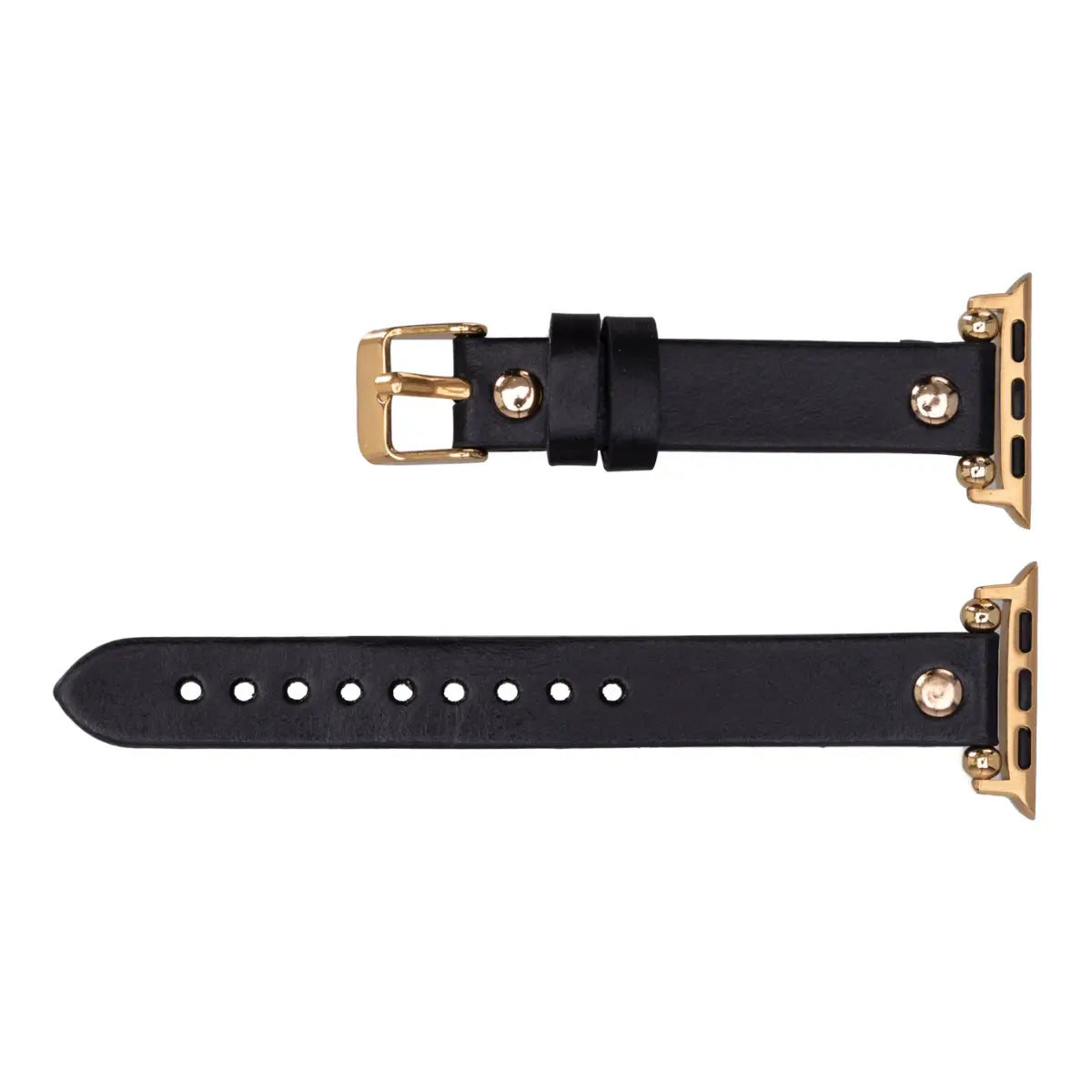 Premium Black Leather Ultra Slim Apple Watch Band with Gold Rivets - Stylish & Lightweight for Everyday Wear, Workouts & Formal Occasions